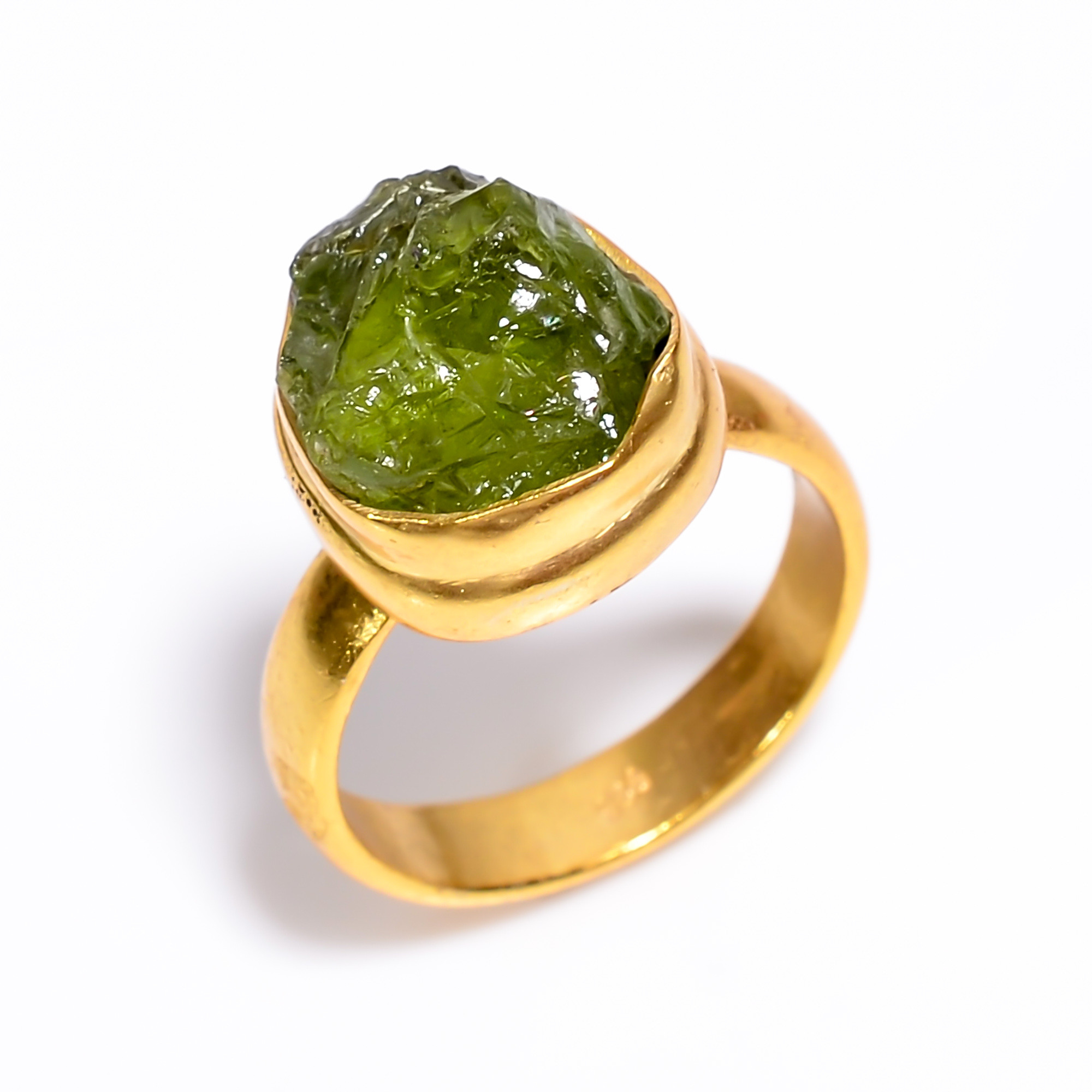 Peridot Raw Gemstone 925 Sterling Silver Gold Plated Ring Size US 6