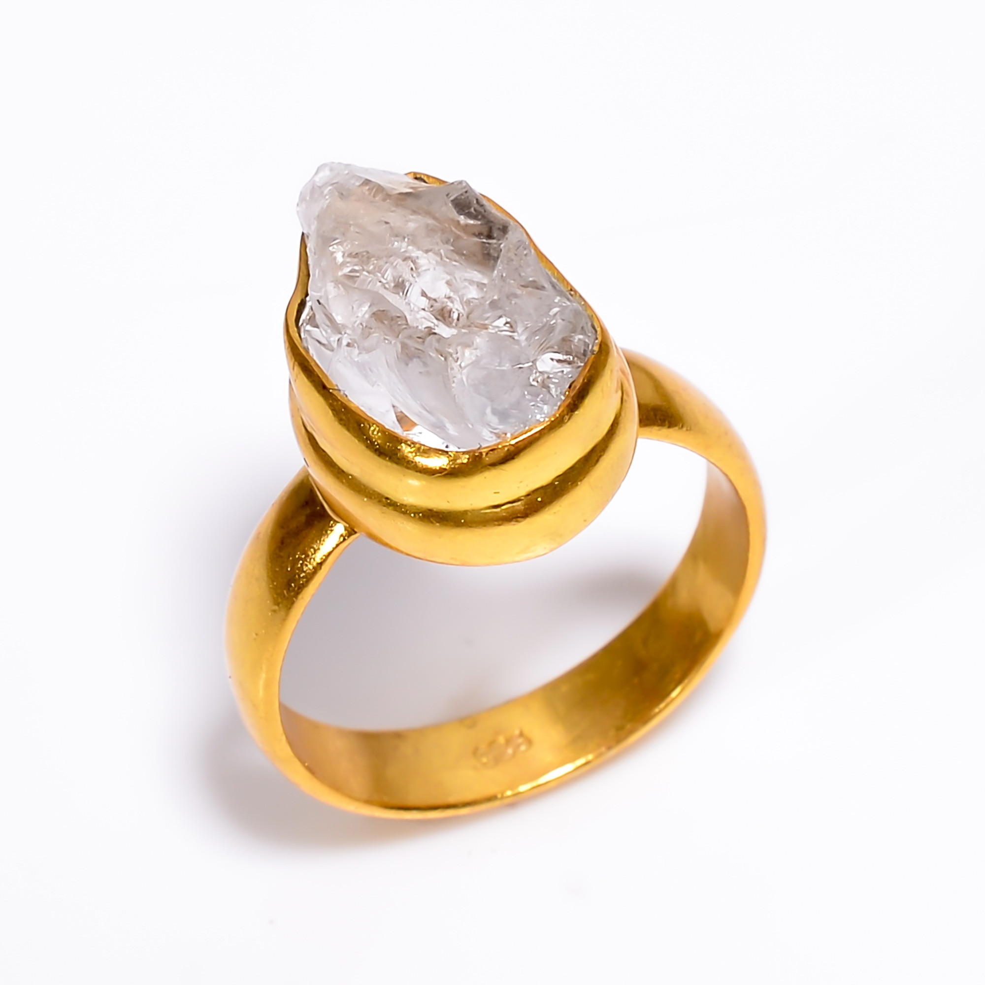 Crystal Raw Gemstone 925 Sterling Silver Gold Plated Ring Size US 6
