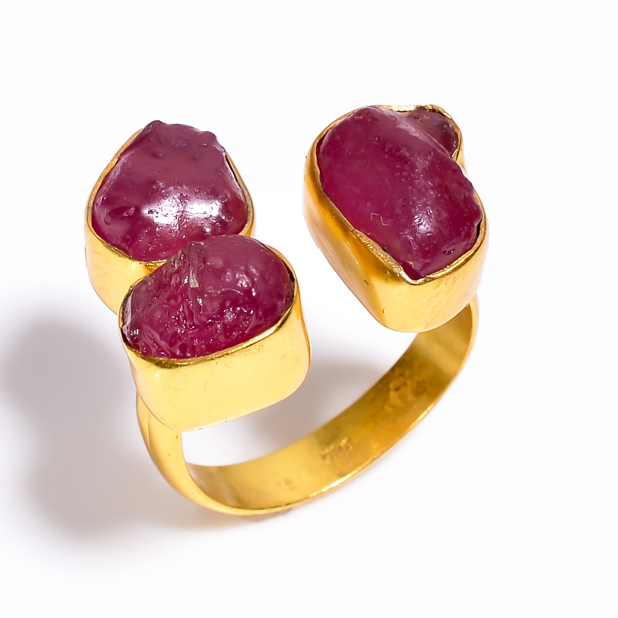 Ruby Raw Gemstone 925 Sterling Silver Gold Plated Ring Adjustable