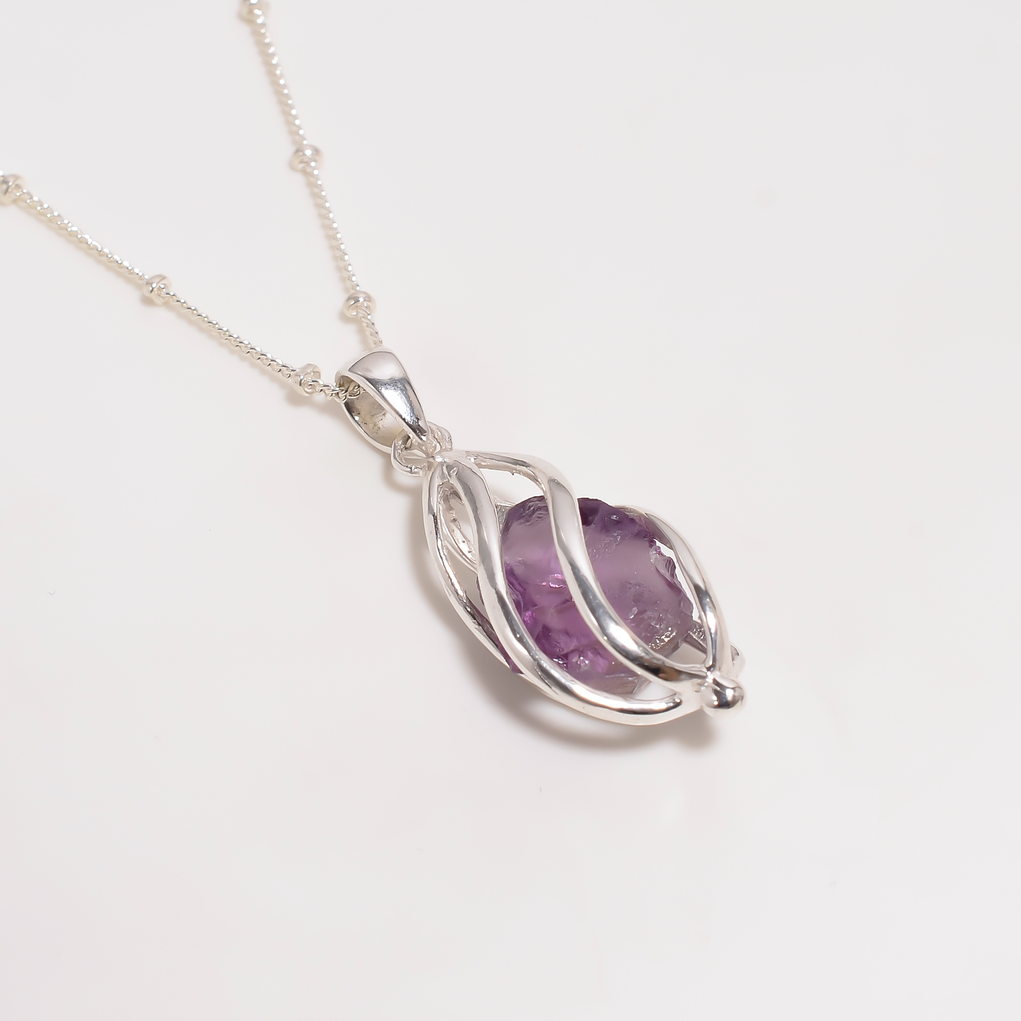 Raw Amethyst Gemstone 925 Sterling Silver Cage Necklace