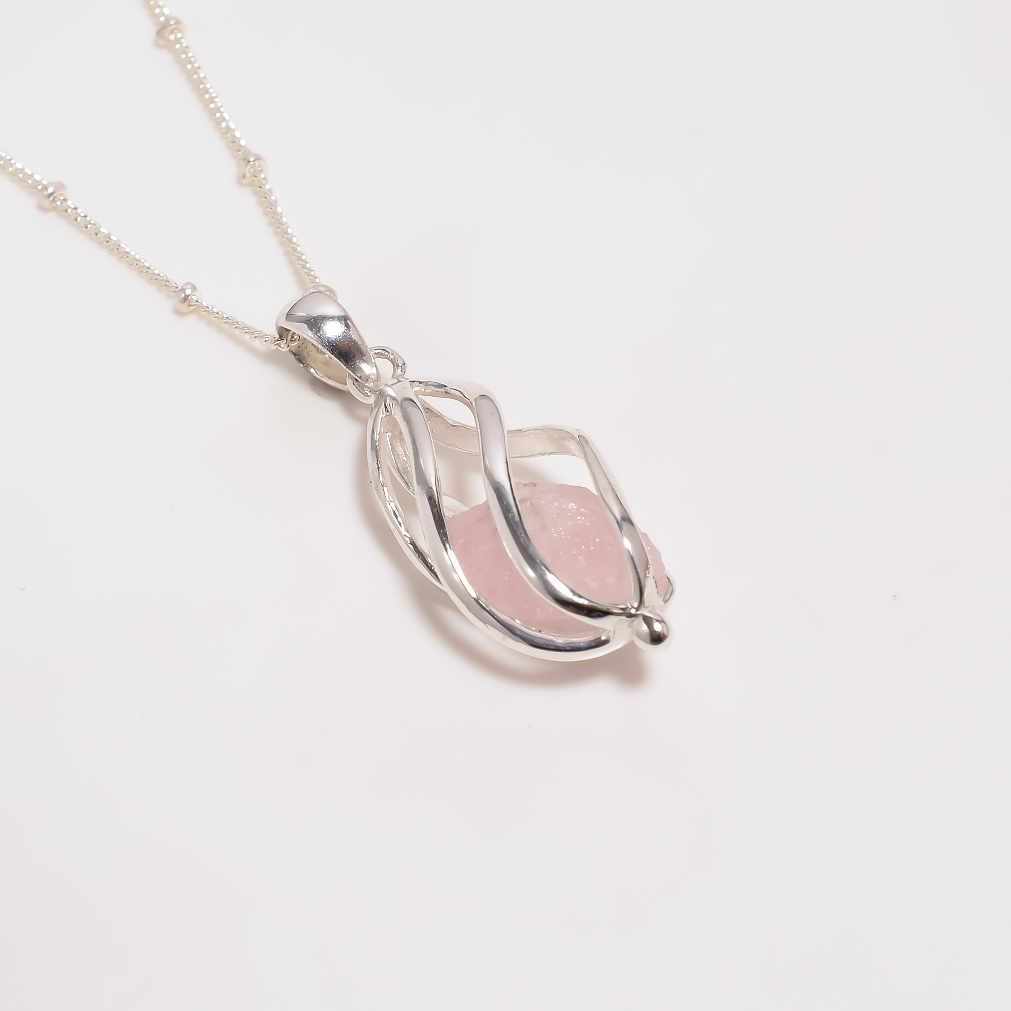 Raw Morganite Gemstone 925 Sterling Silver Cage Necklace