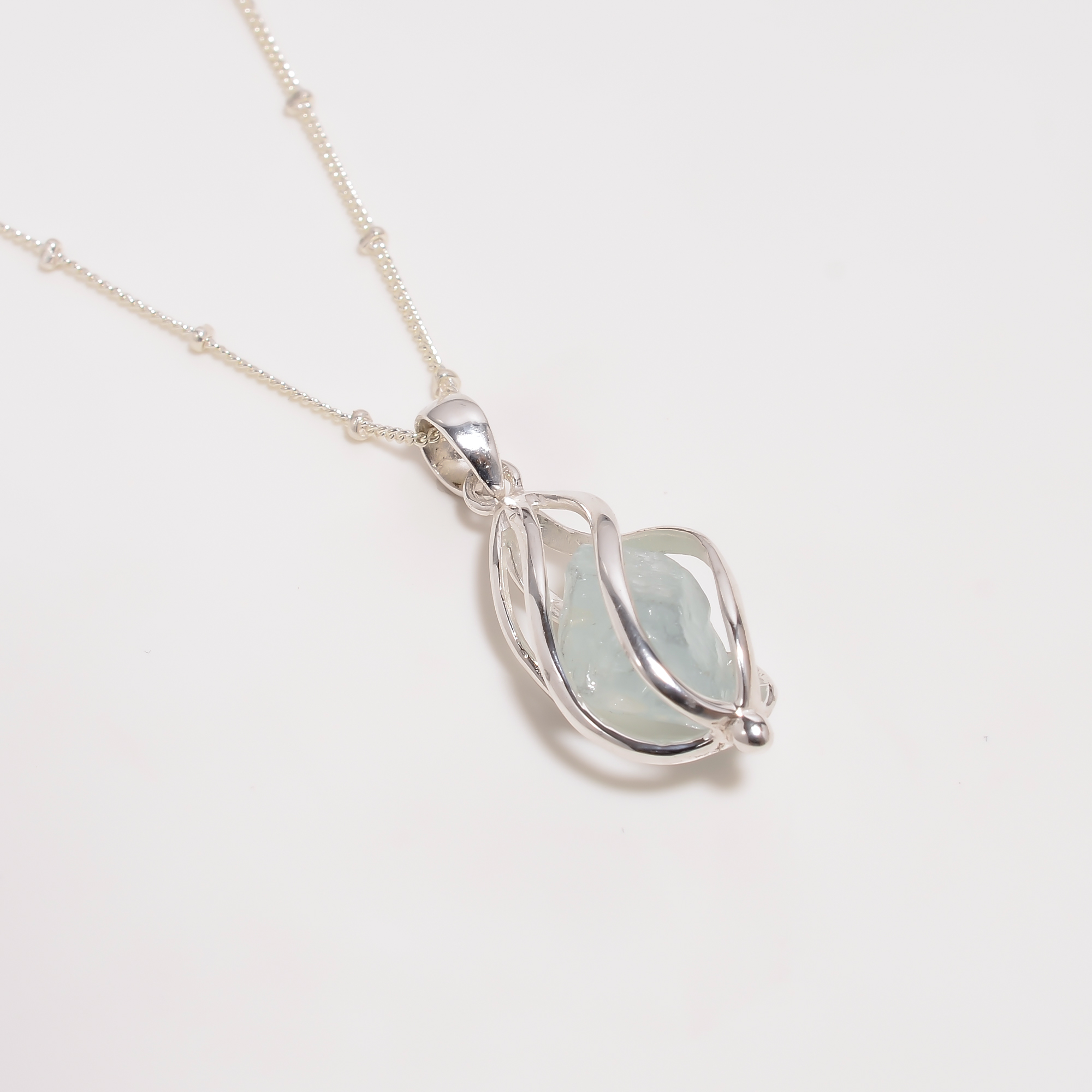 Raw Aquamarine Gemstone 925 Sterling Silver Cage Necklace