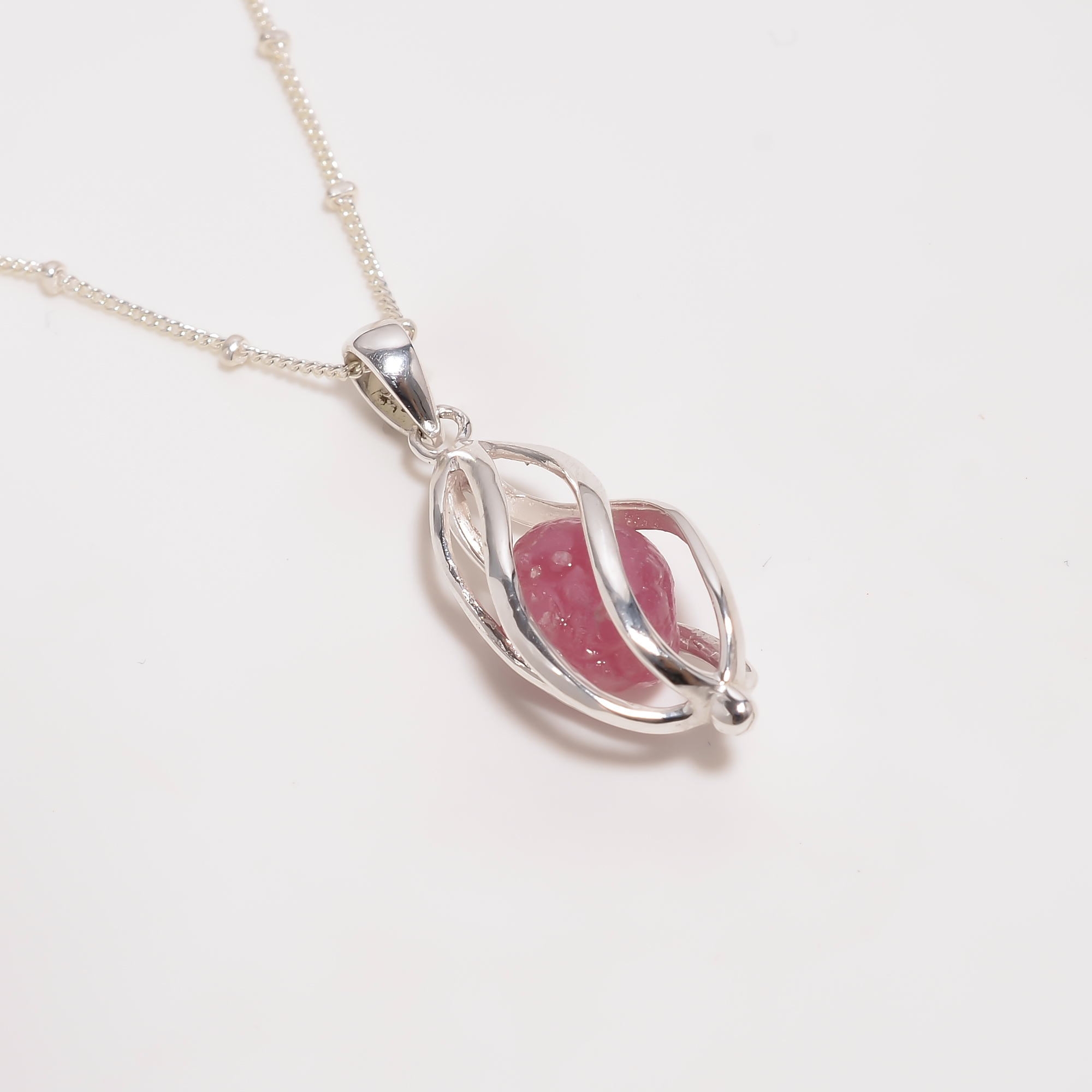 Raw Ruby Gemstone 925 Sterling Silver Cage Necklace