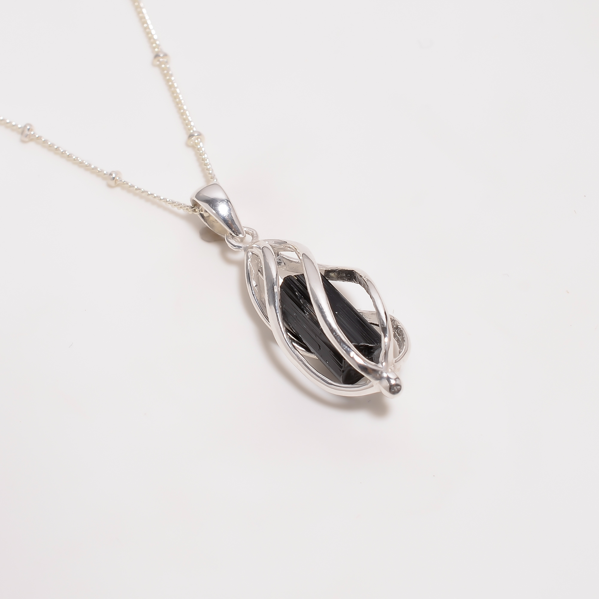Raw Black Tourmaline Gemstone 925 Sterling Silver Cage Necklace