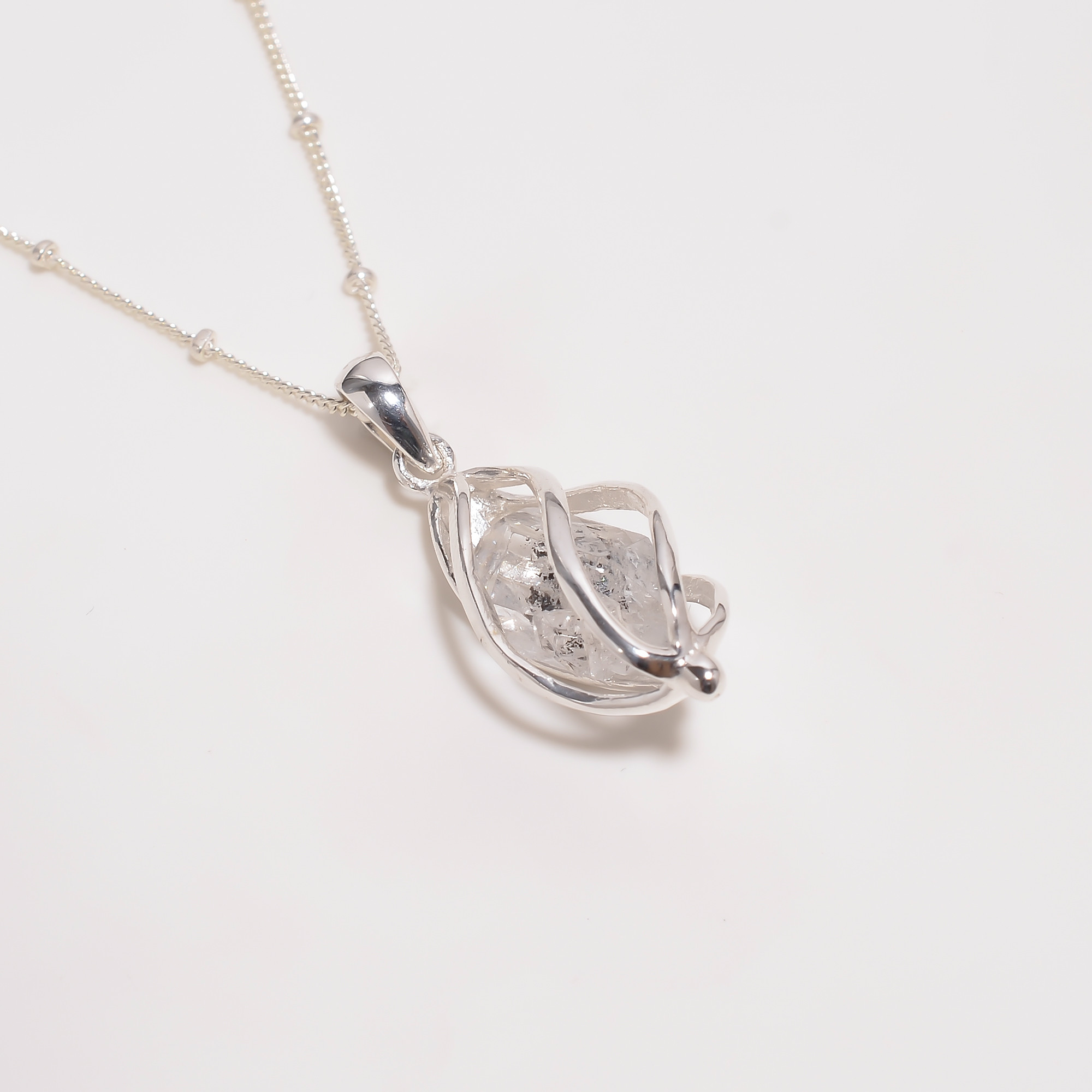 Natural Herkimer Diamond 925 Sterling Silver Cage Necklace