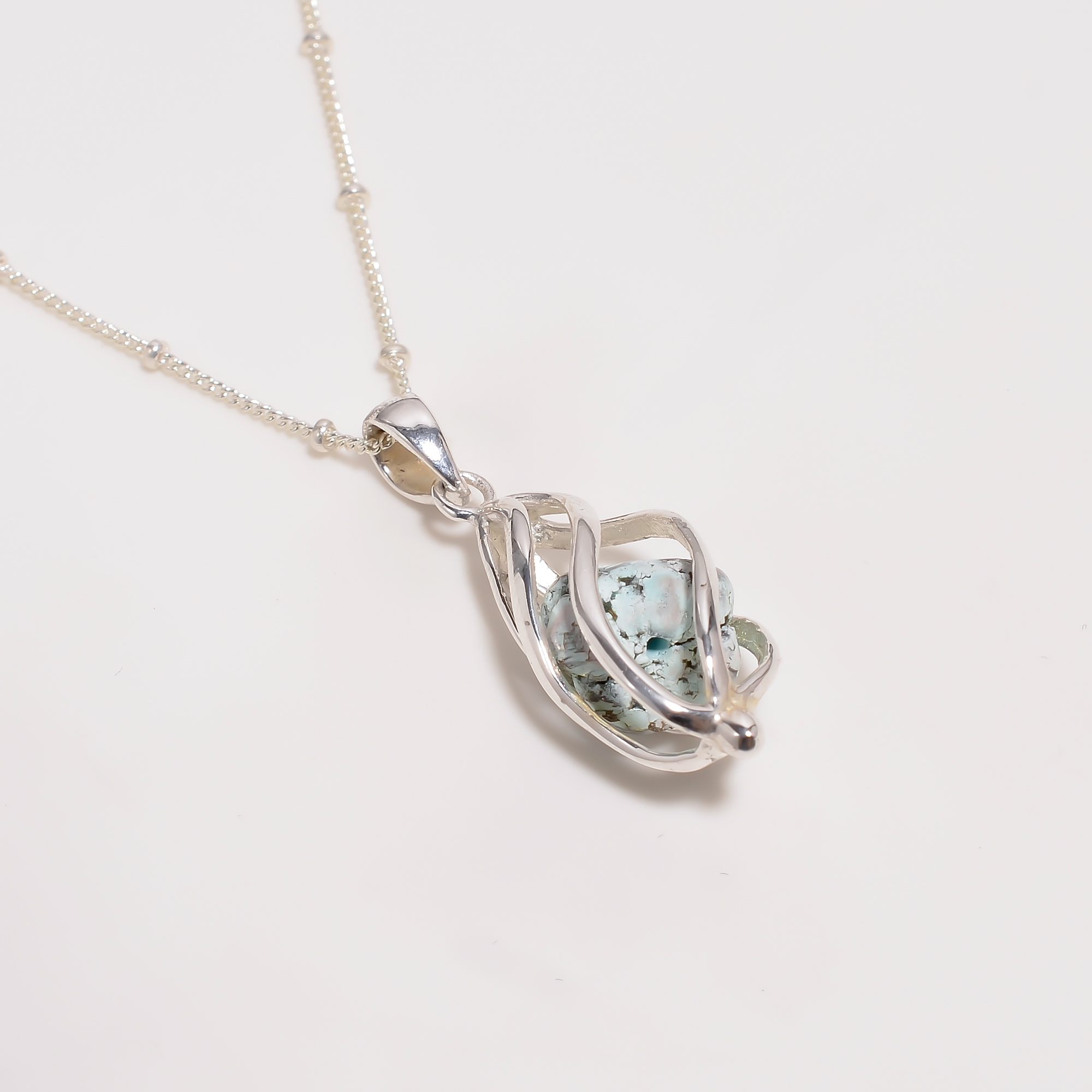 Raw Turquoise Gemstone 925 Sterling Silver Cage Necklace