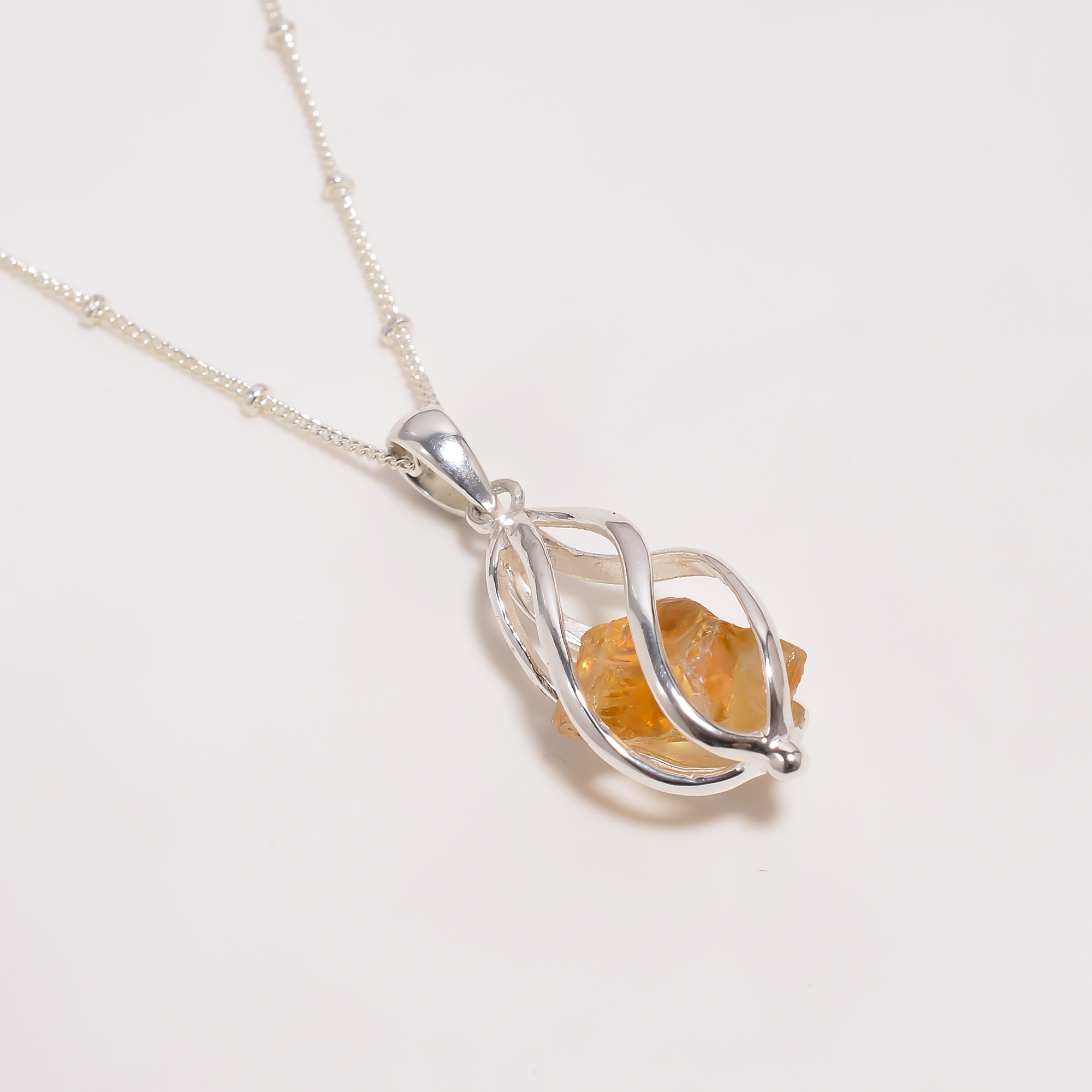 Raw Citrine Gemstone 925 Sterling Silver Cage Necklace