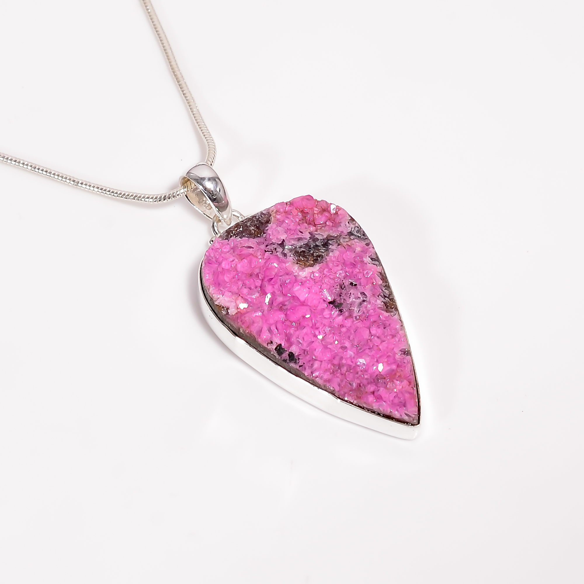 925 Sterling Silver Pendant Necklace With Snake Chain Cobalto Calcite Druzy Gemstone