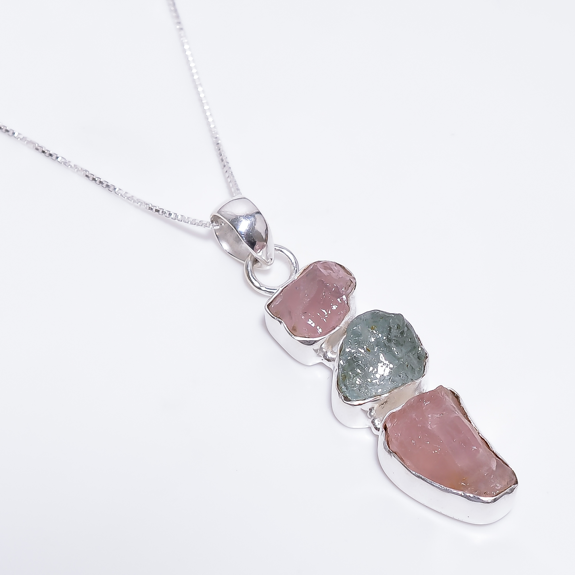 925 Sterling Silver Pendant Necklace With Box Chain Rough Gemstone Rose Quartz Aquamarine