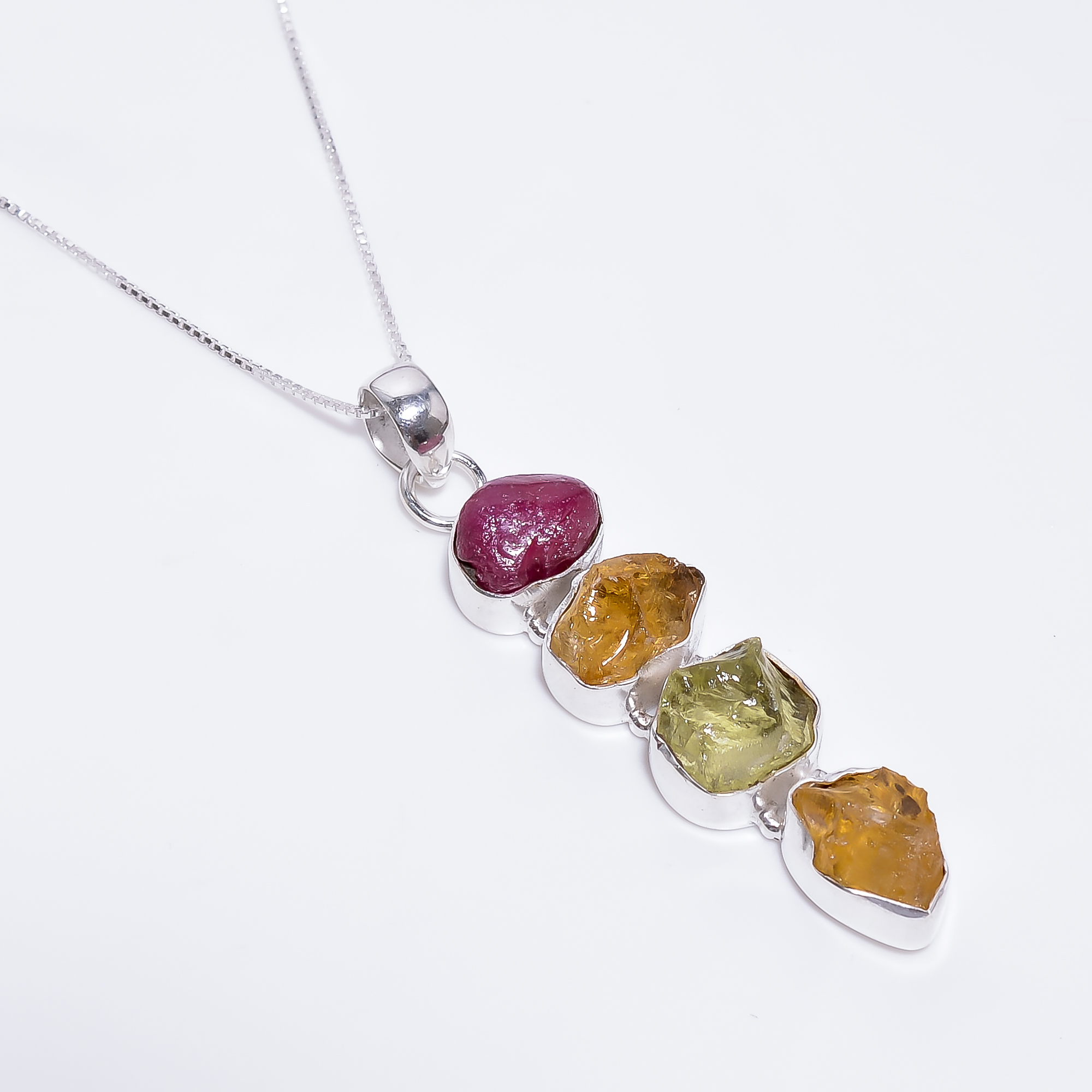 925 Sterling Silver Pendant Necklace With Box Chain Raw Gemstone Ruby Citrine