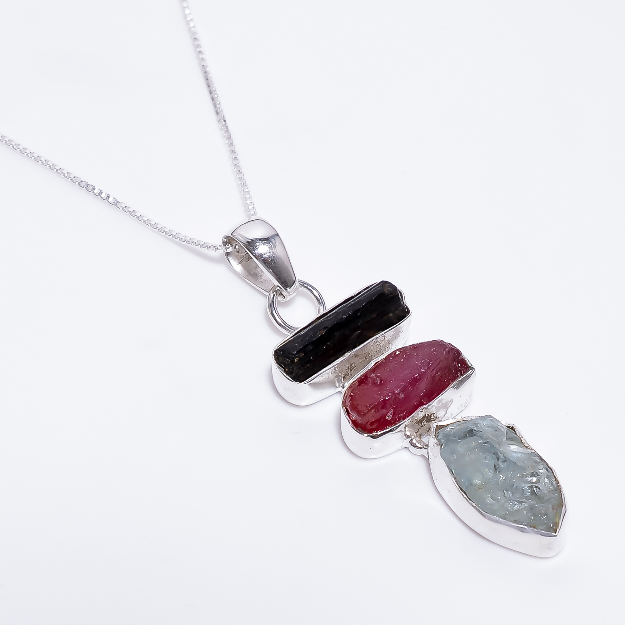 Natural Raw Gemstone Balck Tourmaline Ruby 925 Sterling Silver Pendant Necklace With Box Chain