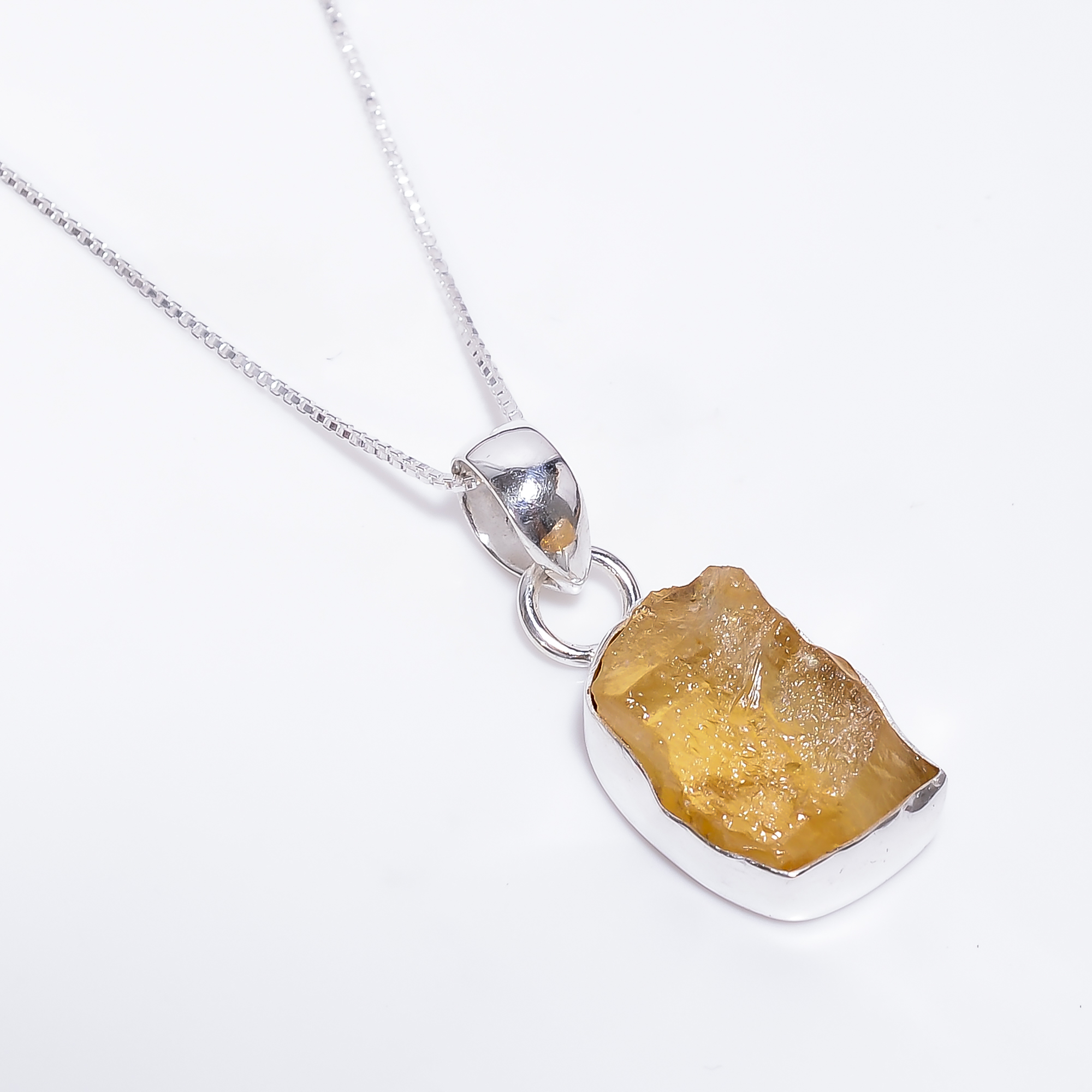 Natural Raw Citrine Gemstone 925 Sterling Silver Pendant Necklace With Box Chain