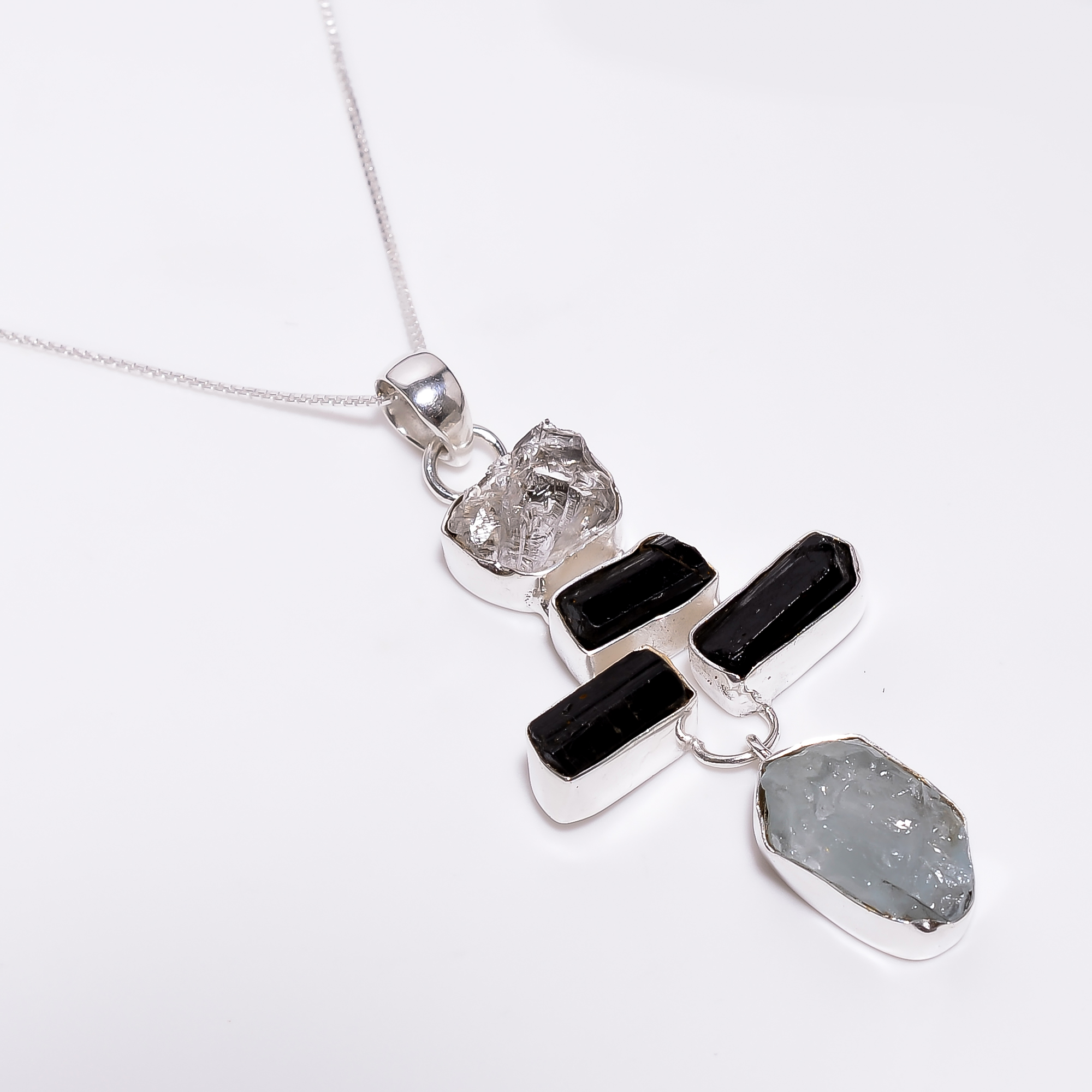 925 Sterling Silver Pendant Necklace With Box Chain Natural Crystal Black Tourmaline Raw Gemstone
