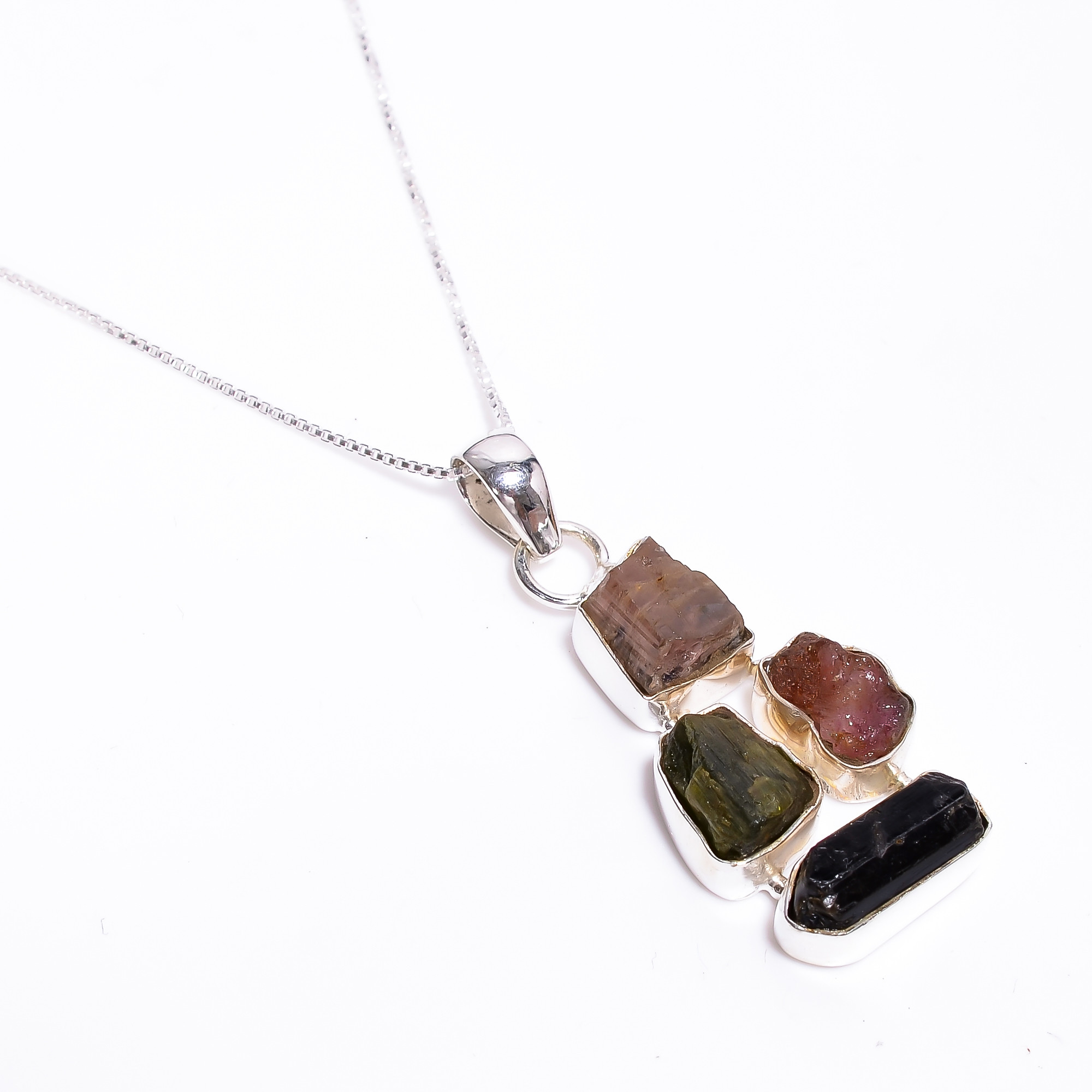 Natural Raw Multi Tourmaline Gemstone 925 Sterling Silver Pendant With Box Chain Necklace