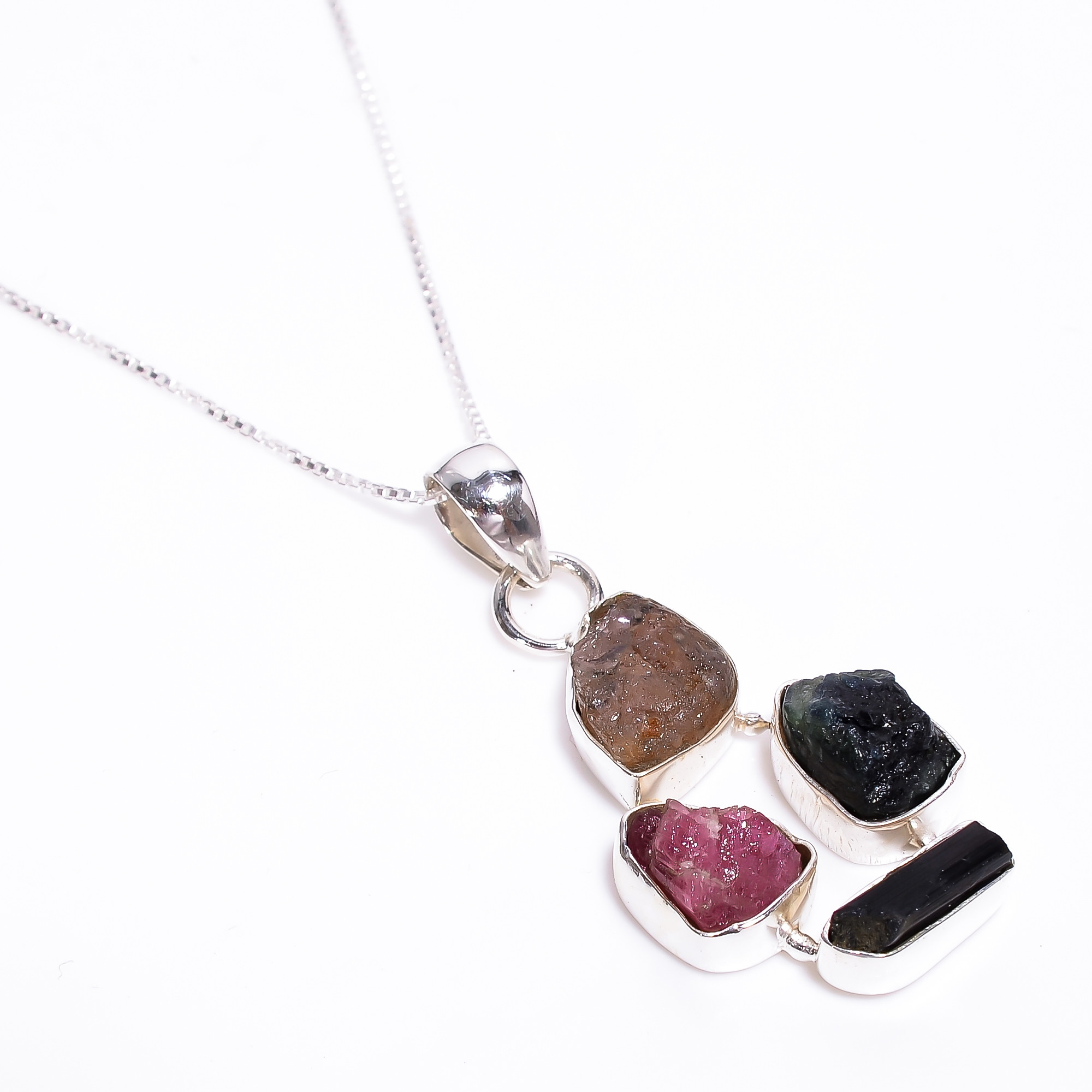 Natural Raw Multi Tourmaline Gemstone 925 Sterling Silver Pendant With Box Chain Necklace