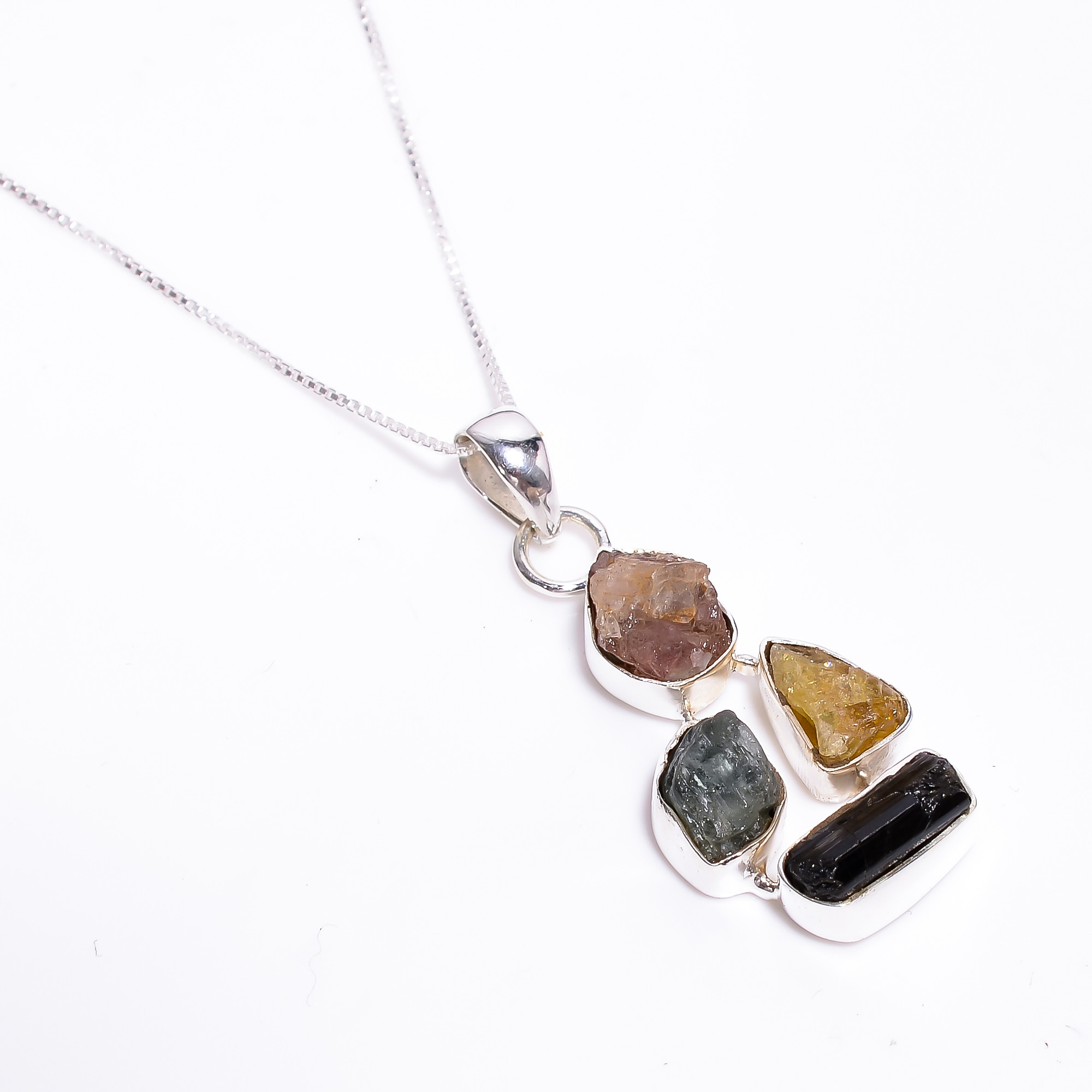 Natural Raw Multi Tourmaline Gemstone 925 Sterling Silver Pendant With Box Chain Necklace