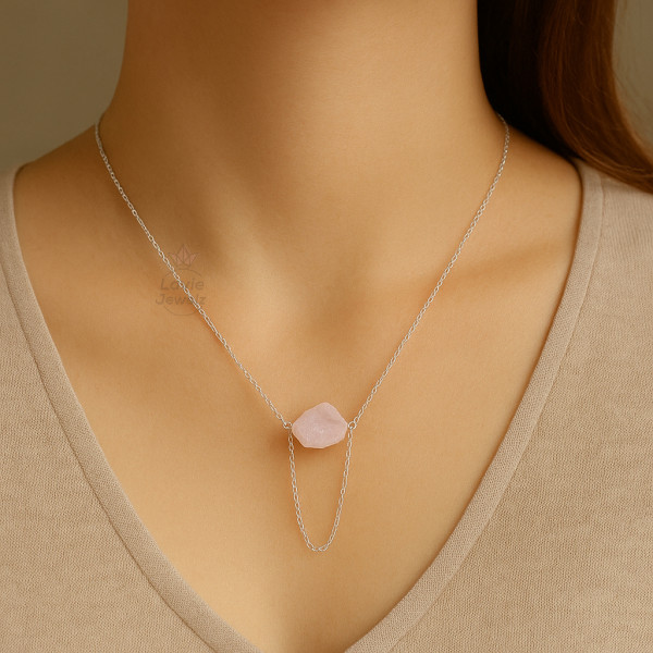 Image of Rose Quartz Raw Gemstone 925 Sterling Silver Necklace
