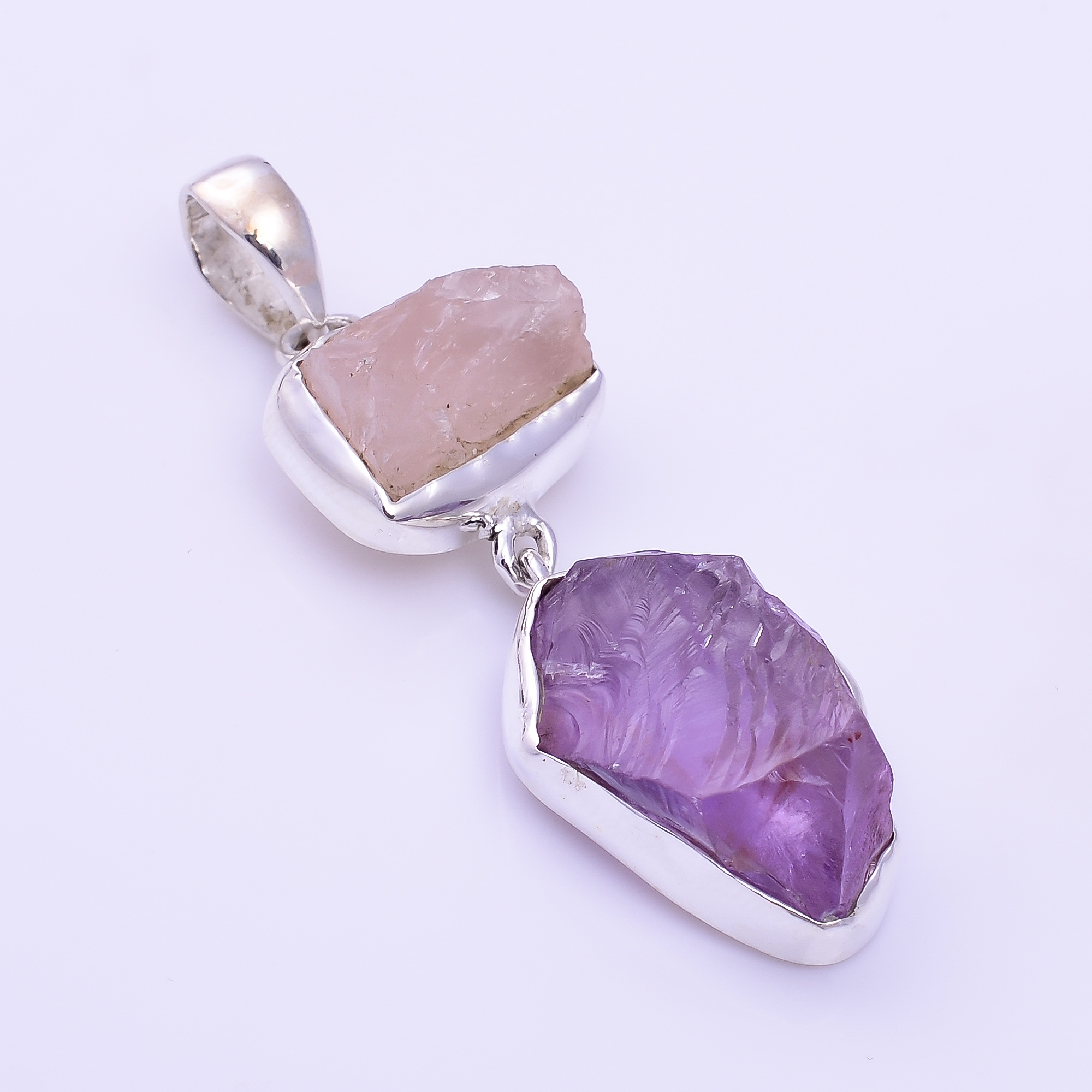 Natural Rose Quartz Amethyst Raw Gemstone 925 Sterling Silver Pendant
