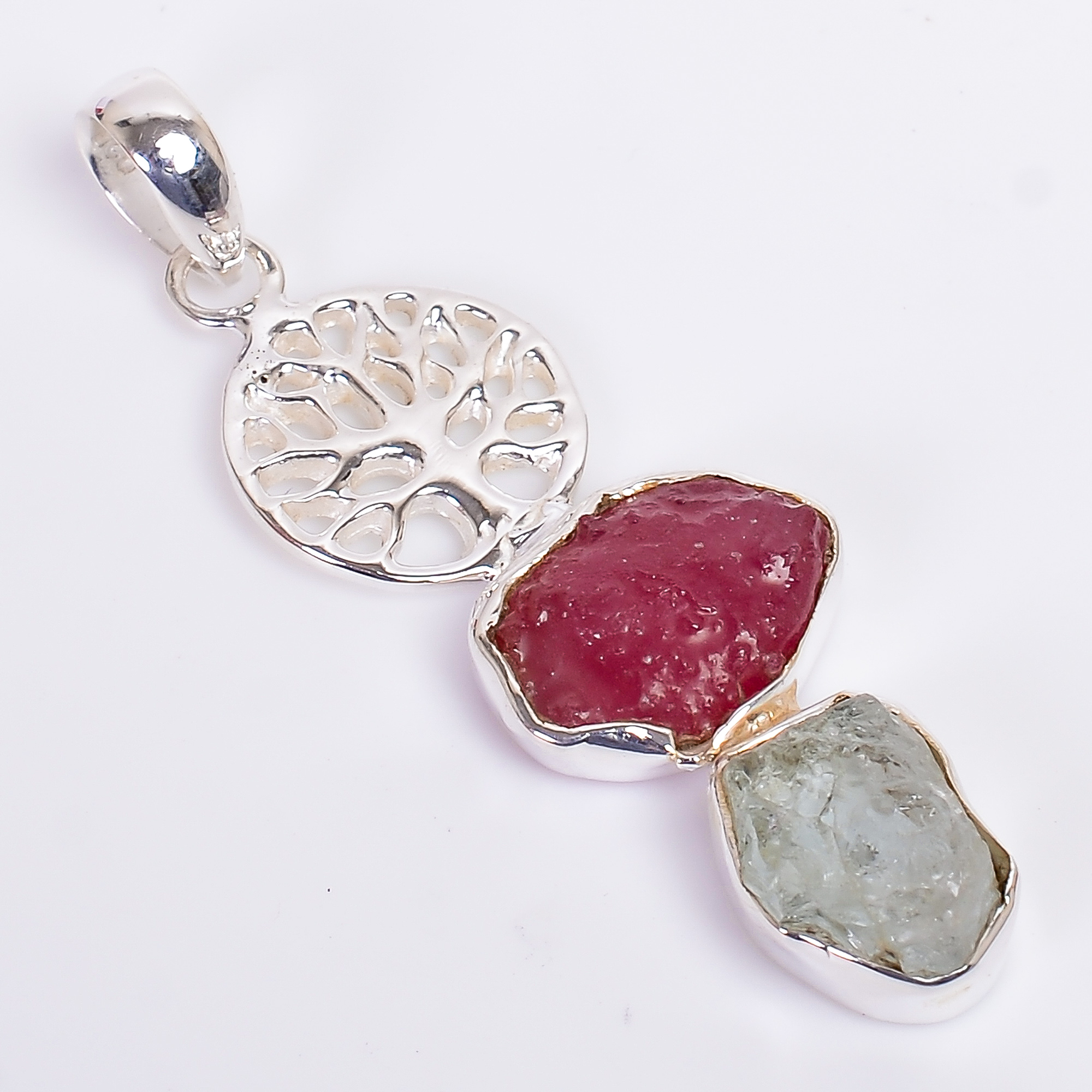 Natural Ruby Aquamarine RAw Gemstone 925 Sterling Silver Pendant