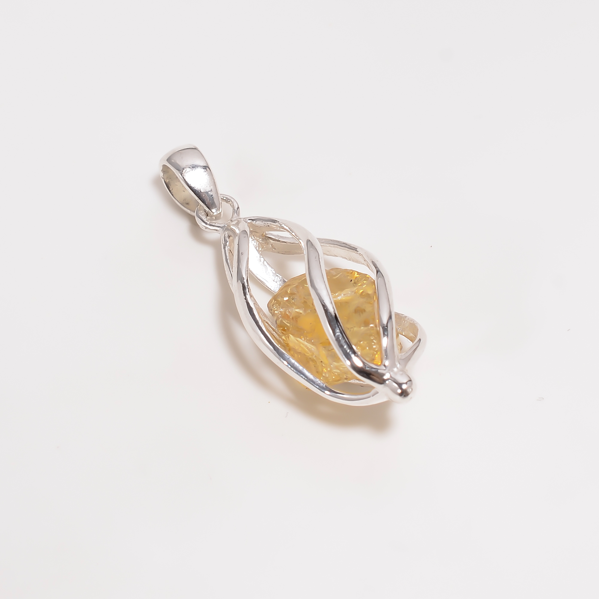 Citrine Raw Gemstone 925 Sterling Silver Cage Pendant