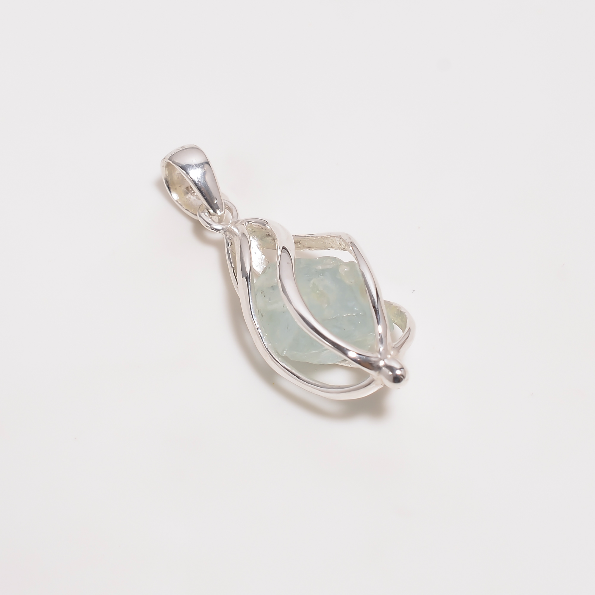 Aquamarine Raw Gemstone 925 Sterling Silver Cage Pendant