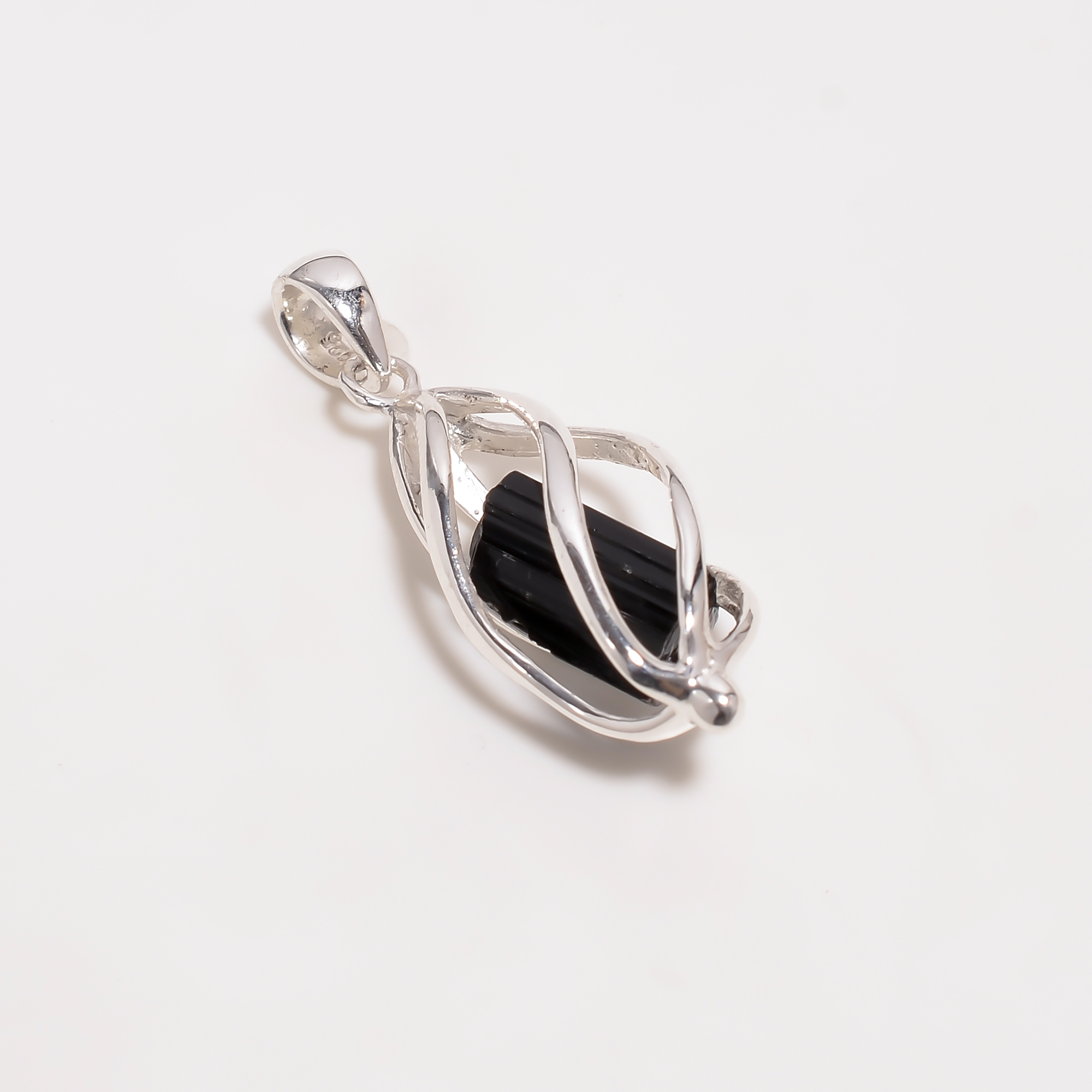 Black Tourmaline Raw Gemstone 925 Sterling Silver Cage Pendant