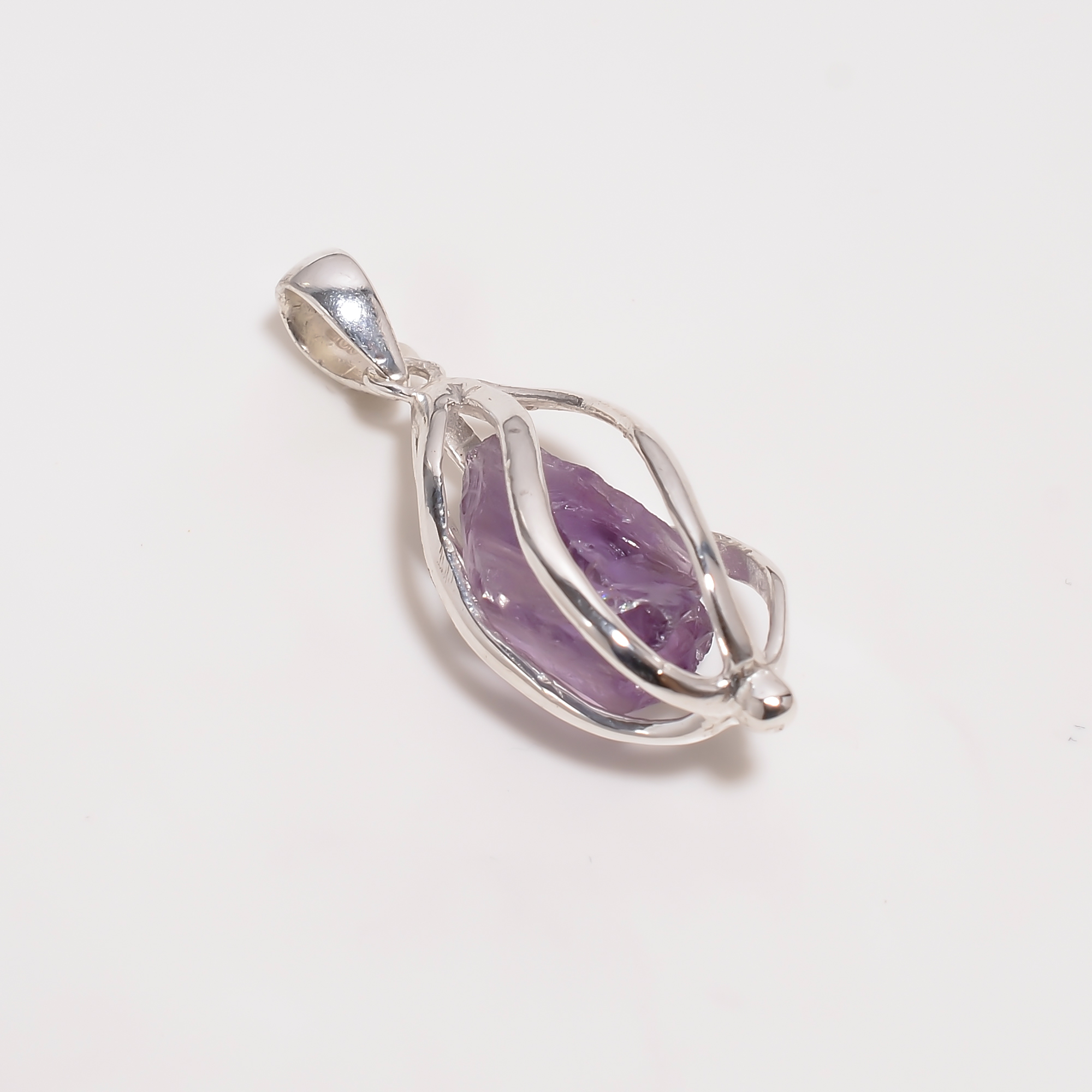 Amethyst Raw Gemstone 925 Sterling Silver Cage Pendant