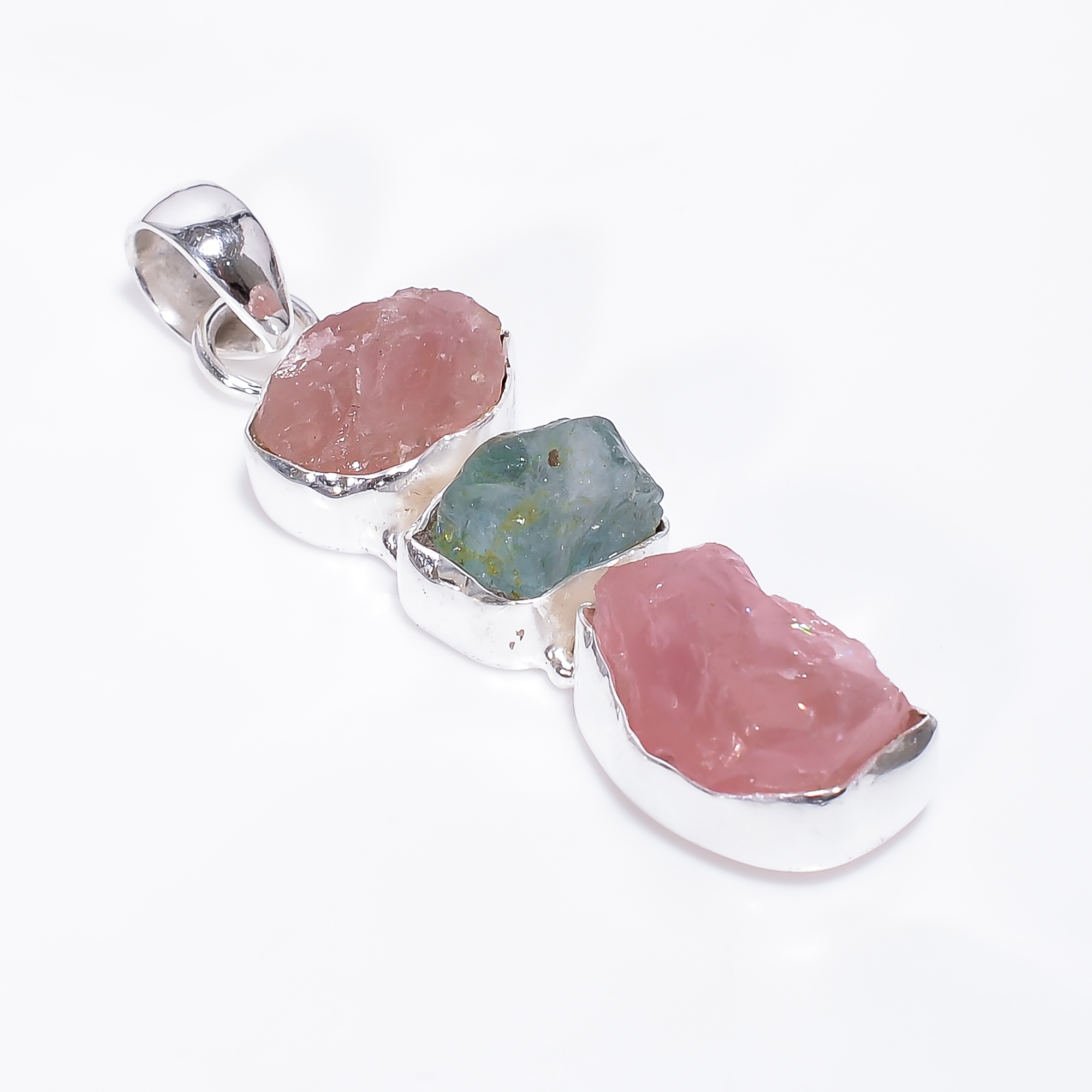 Natural Rose Quartz Aquamarine Gemstone 925 Sterling Silver Pendant