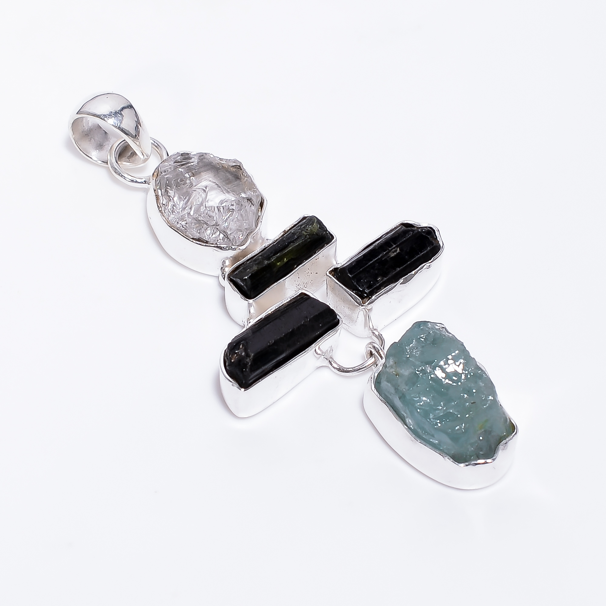 Natural Crystal Black Tourmaline Raw Gemstone 925 Sterling Silver Pendant