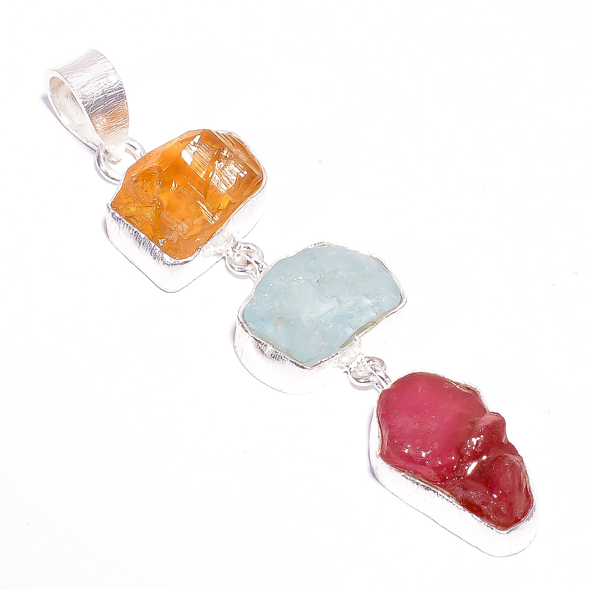 Ruby Aquamarine Raw Gemstone 925 Sterling Silver Pendant