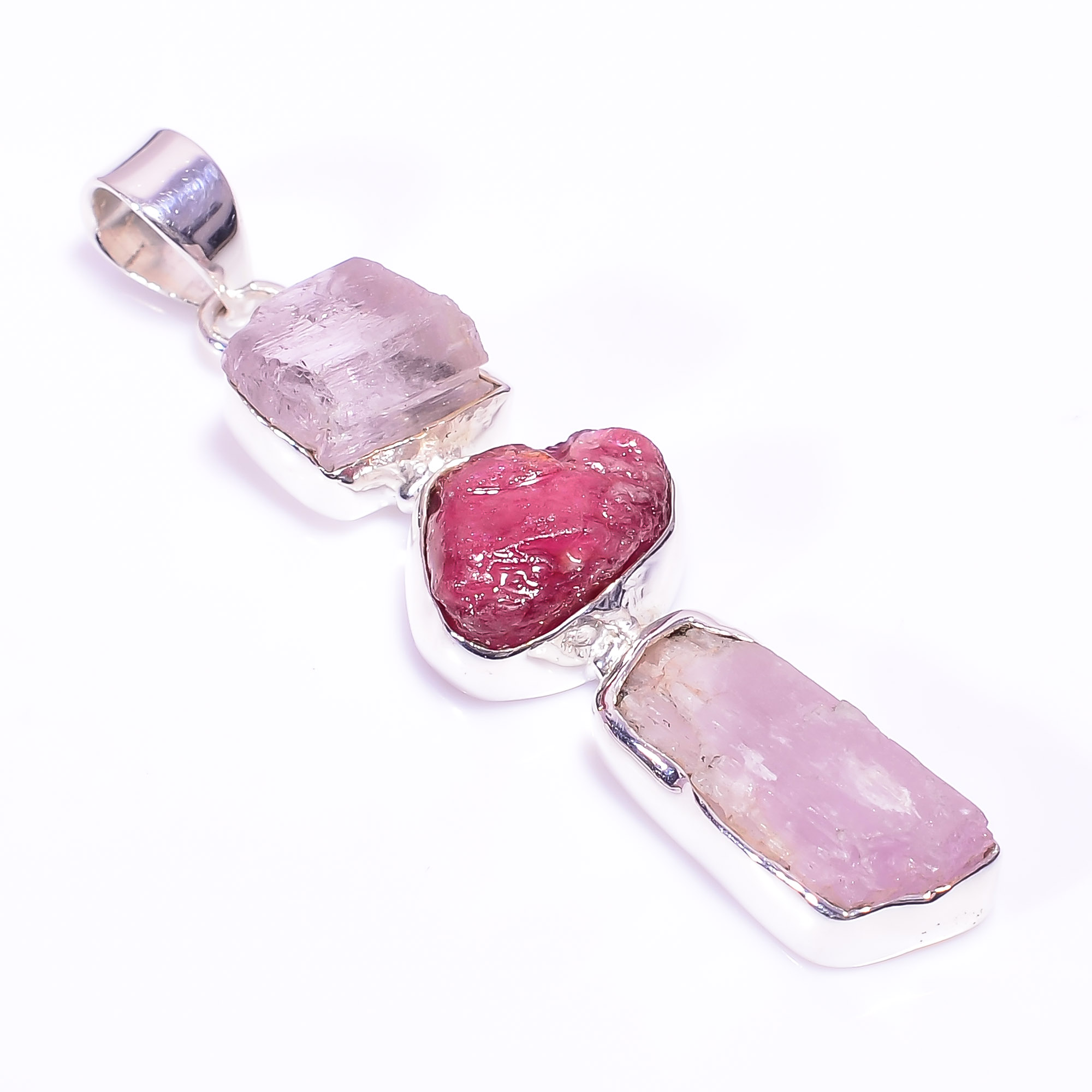 Natural Kunzite Ruby Raw Gemstone 925 Sterling Silver Pendant