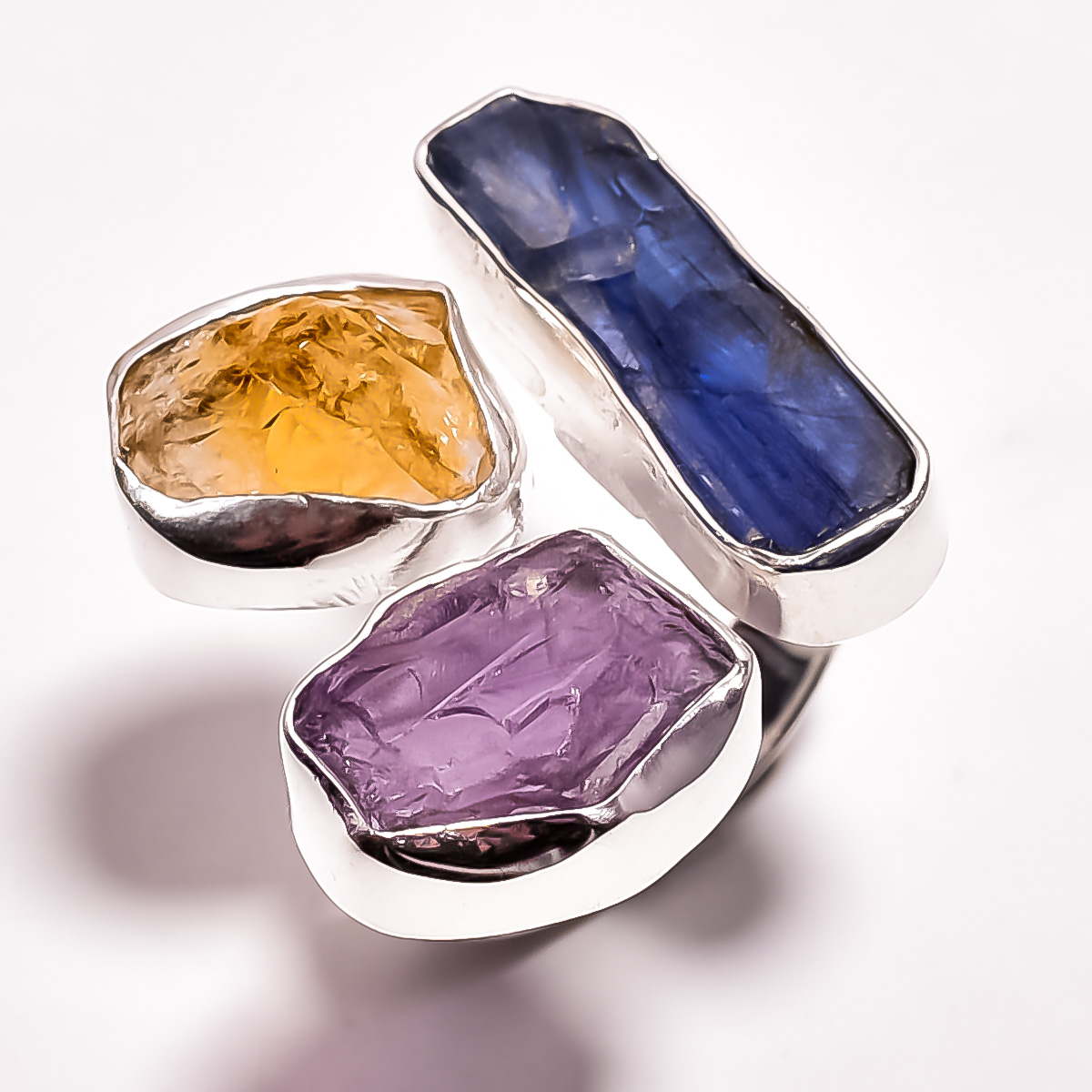 Blue Kyanite Citrine Amethyst Raw Gemstone 925 Sterling Silver Adjustable Ring