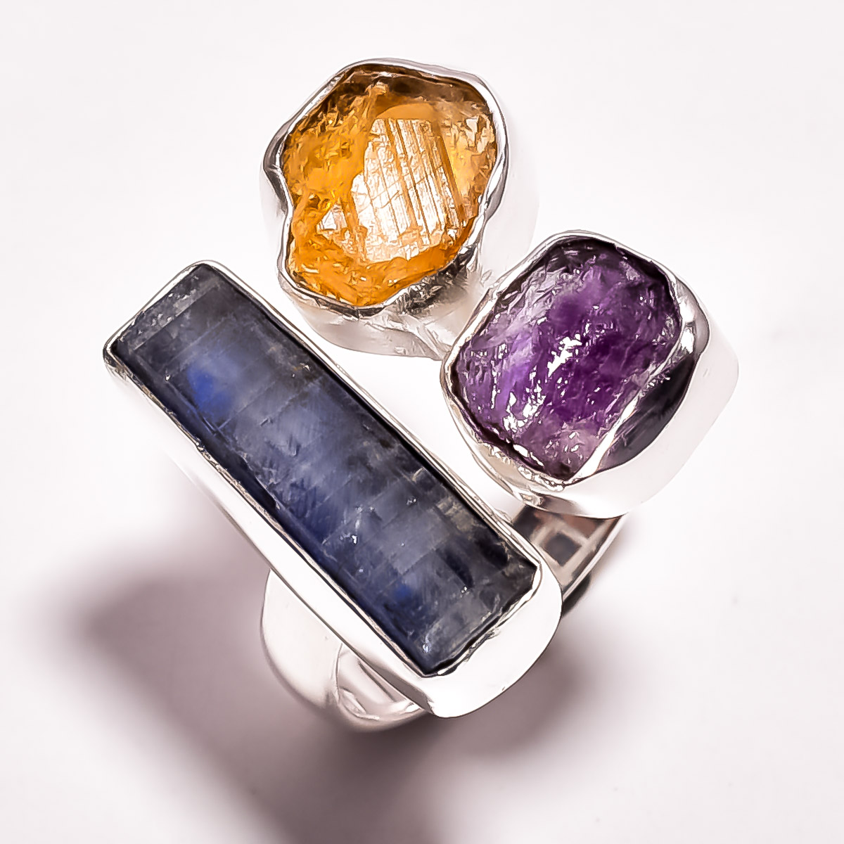 Blue Kyanite Citrine Amethyst Raw Gemstone 925 Sterling Silver Adjustable Ring