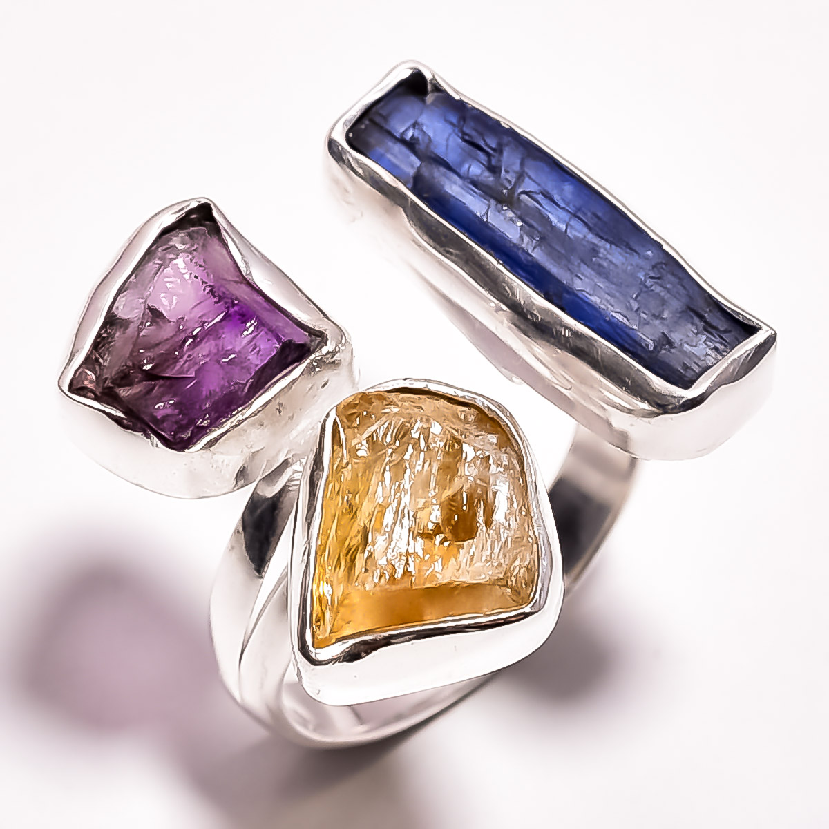 Blue Kyanite Citrine Amethyst Raw Gemstone 925 Sterling Silver Adjustable Ring