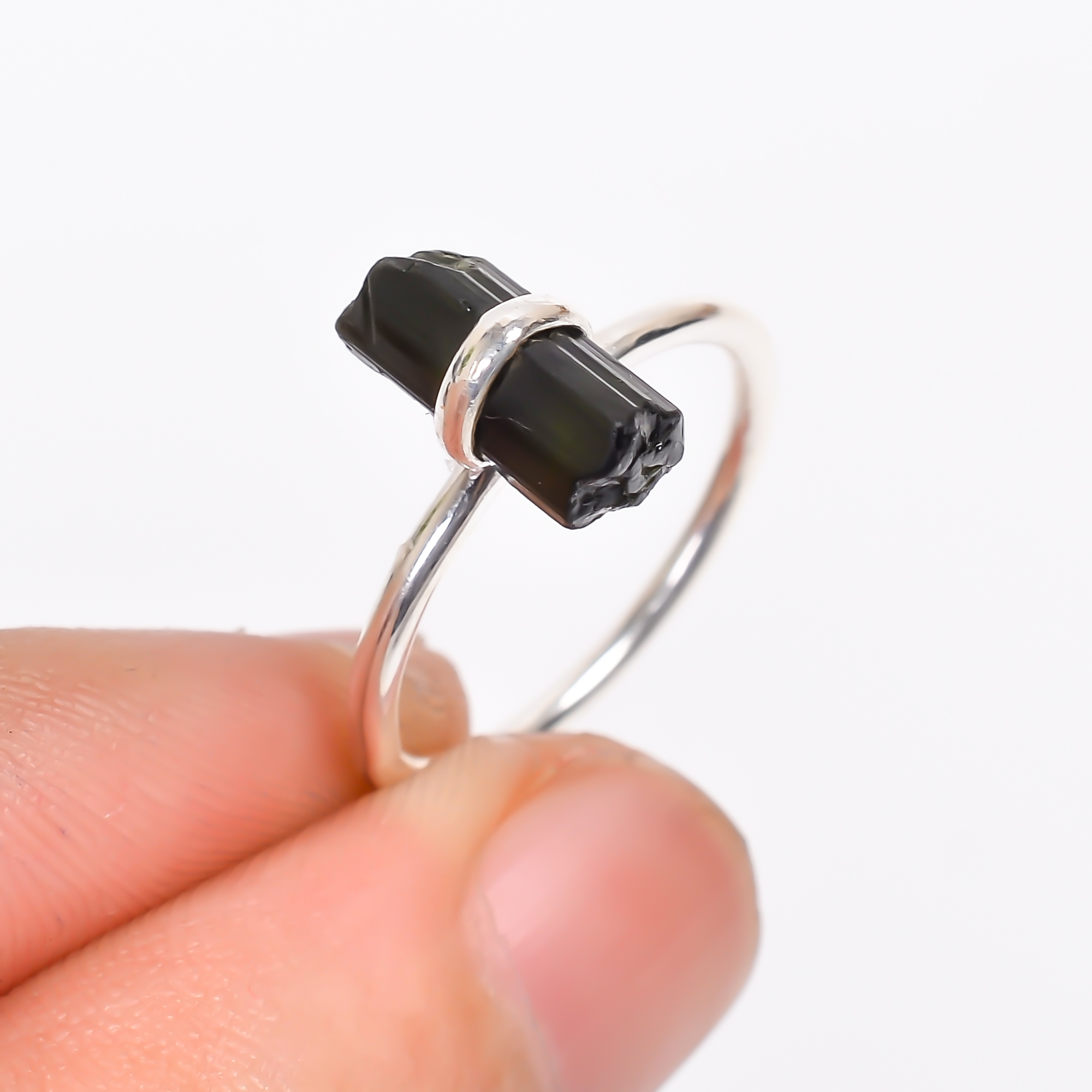 Black Tourmaline Raw Gemstone 925 Sterling Silver Ring