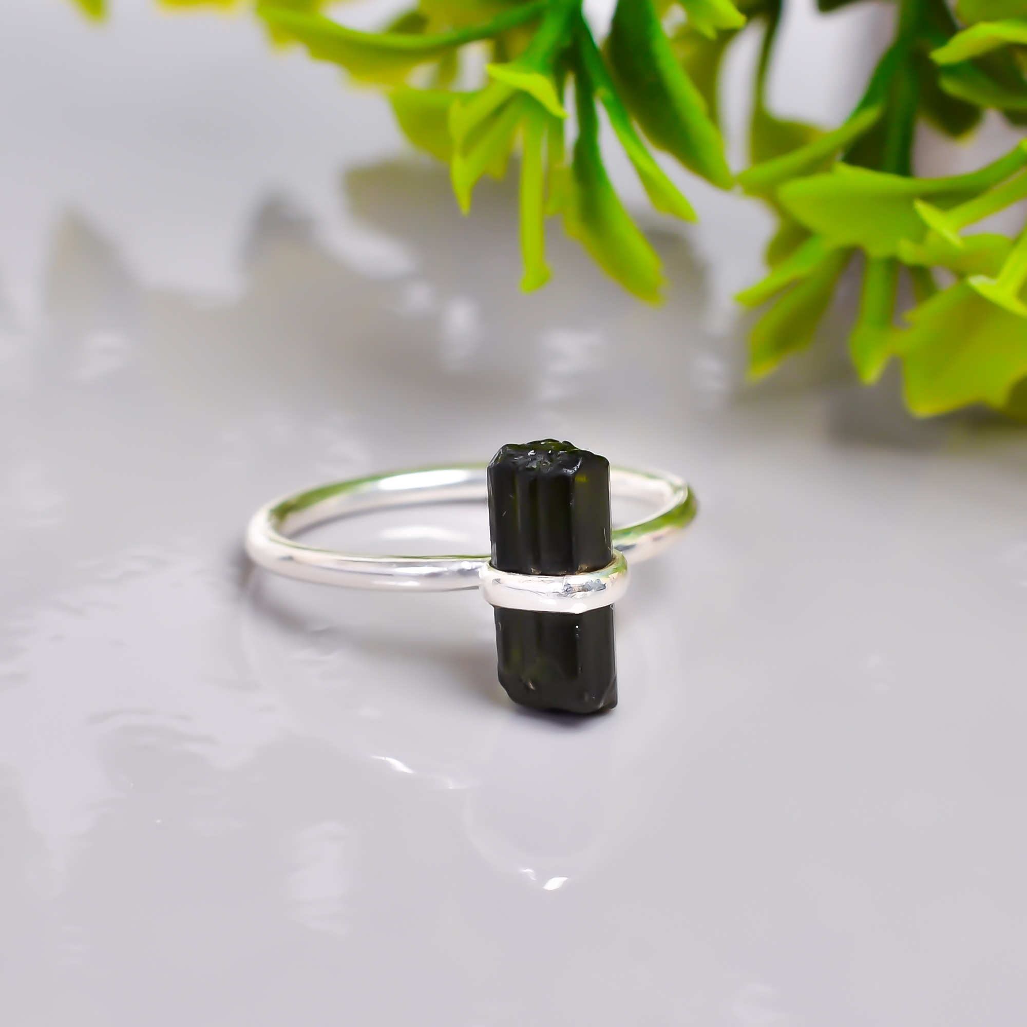 Black Tourmaline Raw Gemstone 925 Sterling Silver Ring