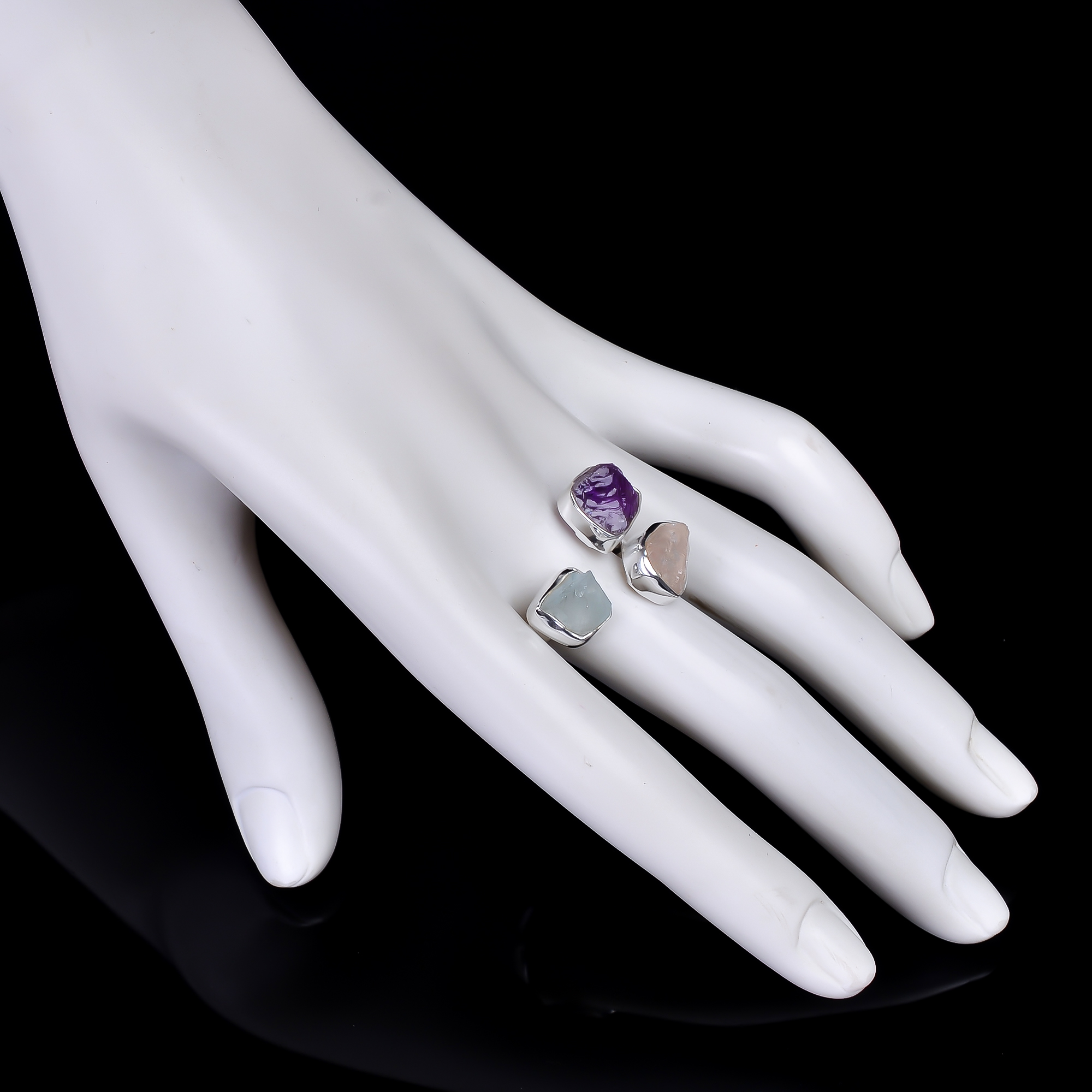 Aquamarine Rose Quartz Amethyst Raw Gemstone 925 Sterling Silver Adjustable Ring
