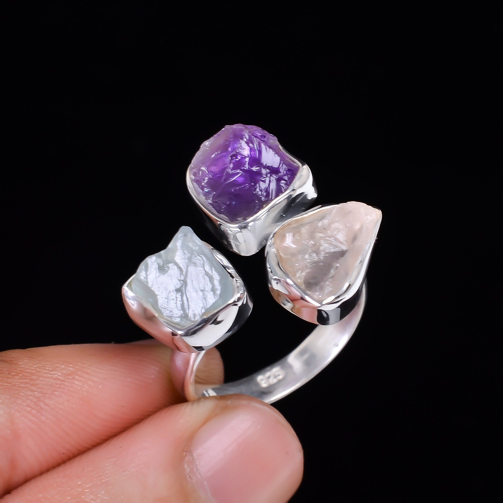 Aquamarine Rose Quartz  Amethyst Raw Gemstone 925 Sterling Silver Adjustable Ring