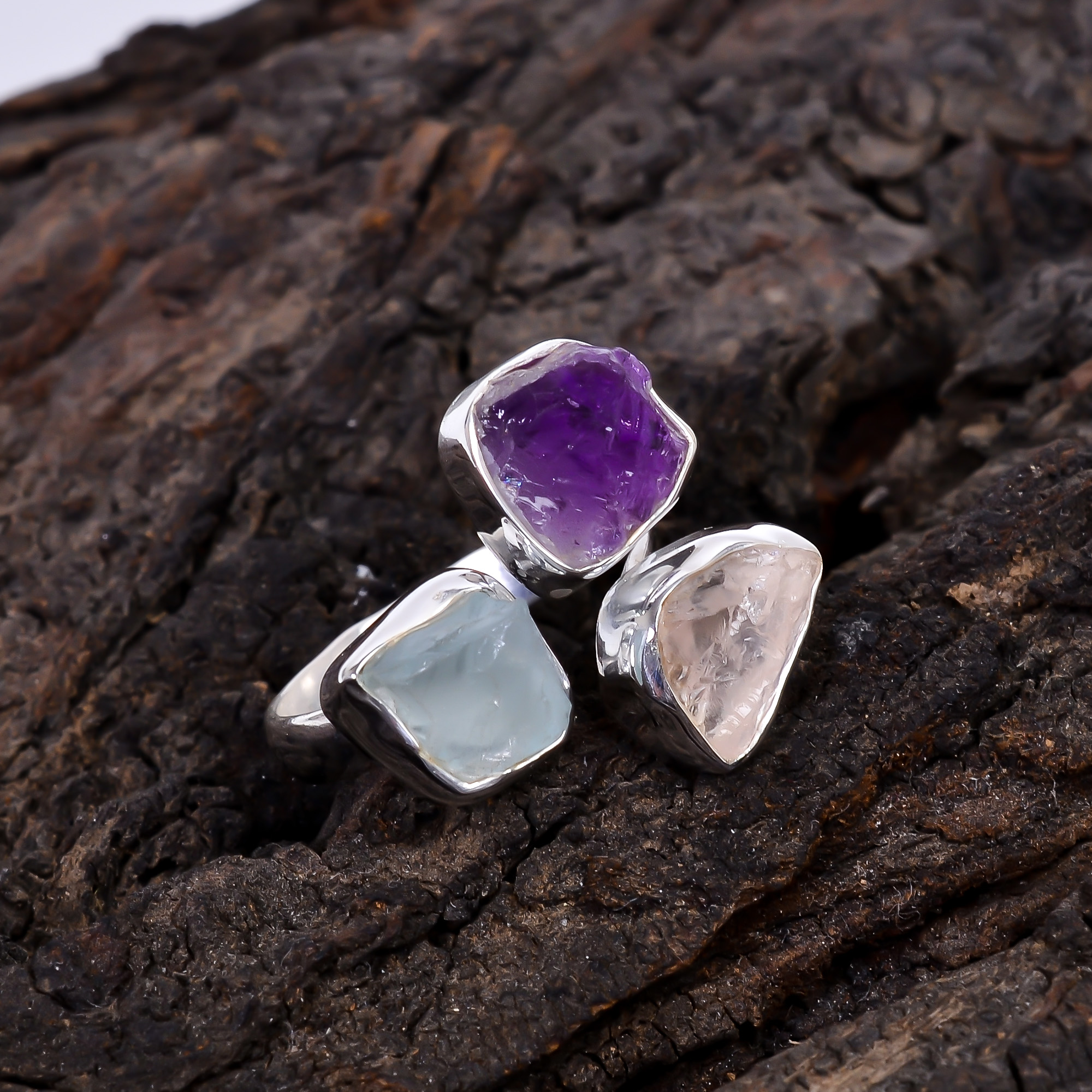 Aquamarine Rose Quartz Amethyst Raw Gemstone 925 Sterling Silver Adjustable Ring