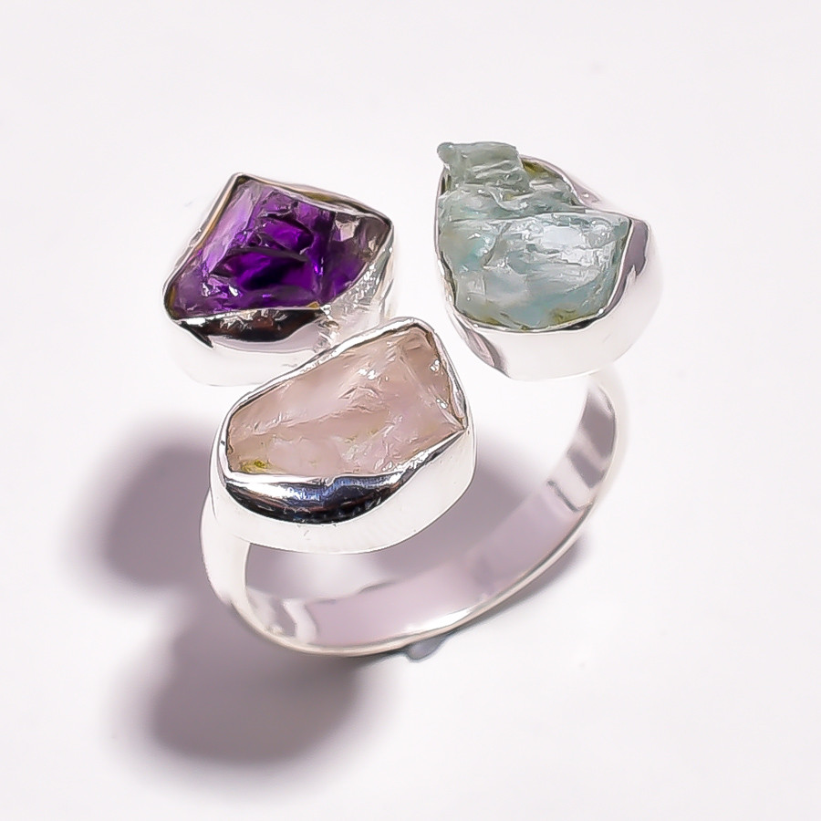 Aquamarine Rose Quartz Amethyst Raw Gemstone 925 Sterling Silver Adjustable Ring