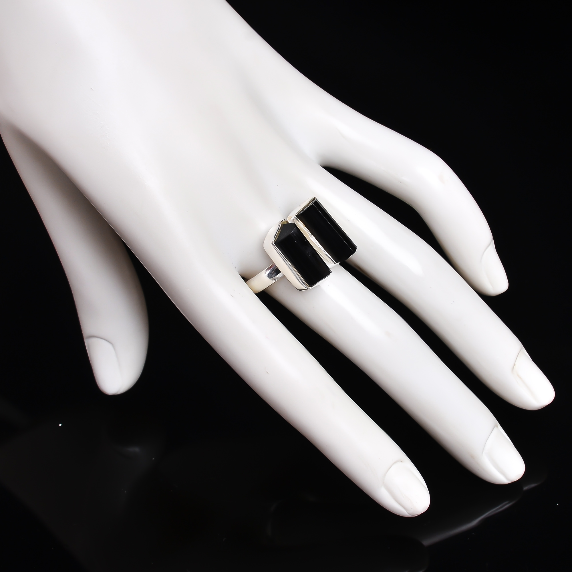 Black Tourmaline Raw Gemstone 925 Sterling Silver Adjustable Ring