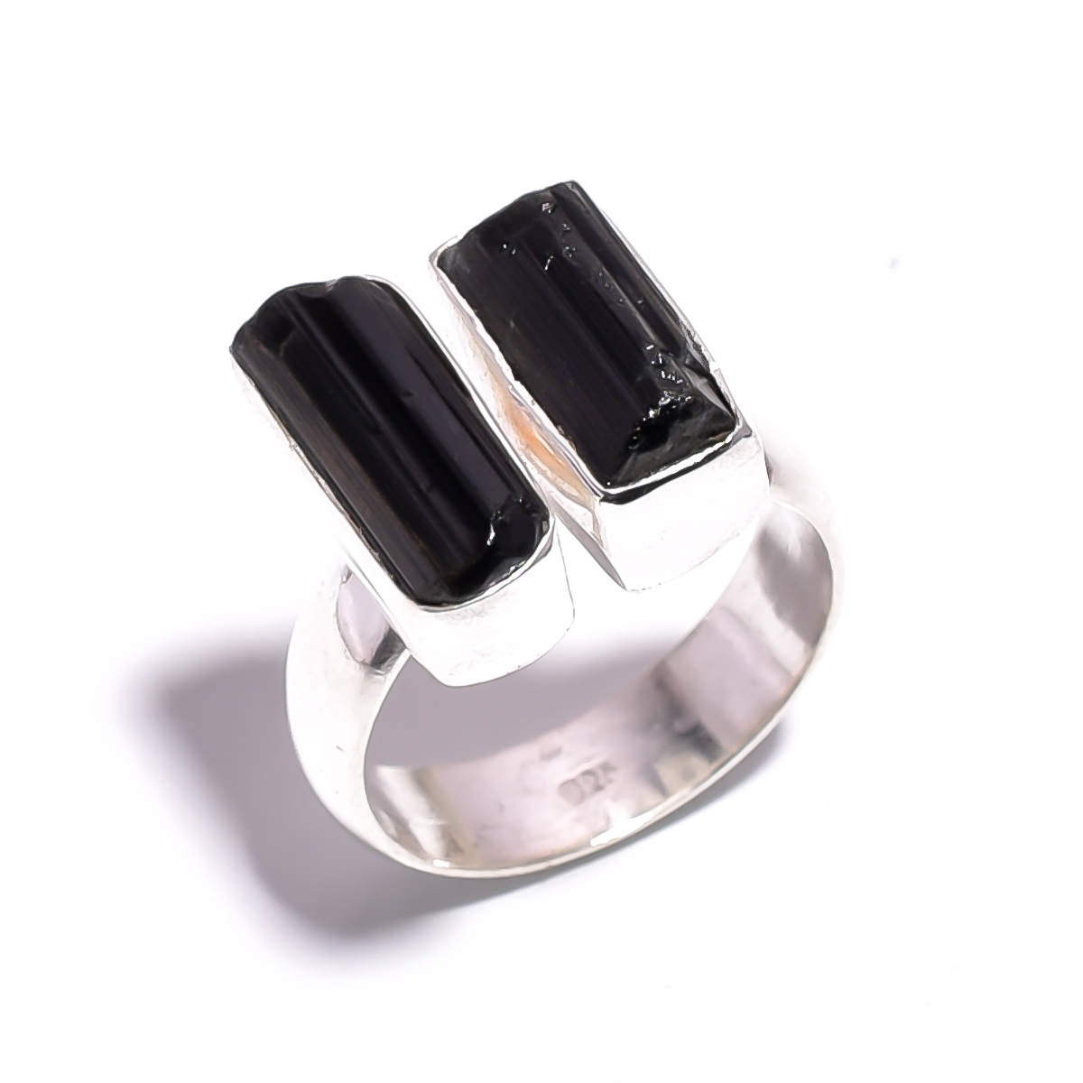 Black Tourmaline Raw Gemstone 925 Sterling Silver Adjustable Ring
