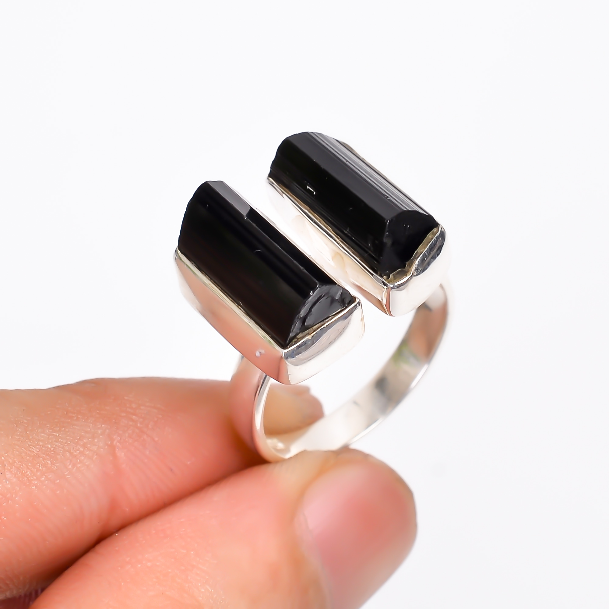 Black Tourmaline Raw Gemstone 925 Sterling Silver Adjustable Ring