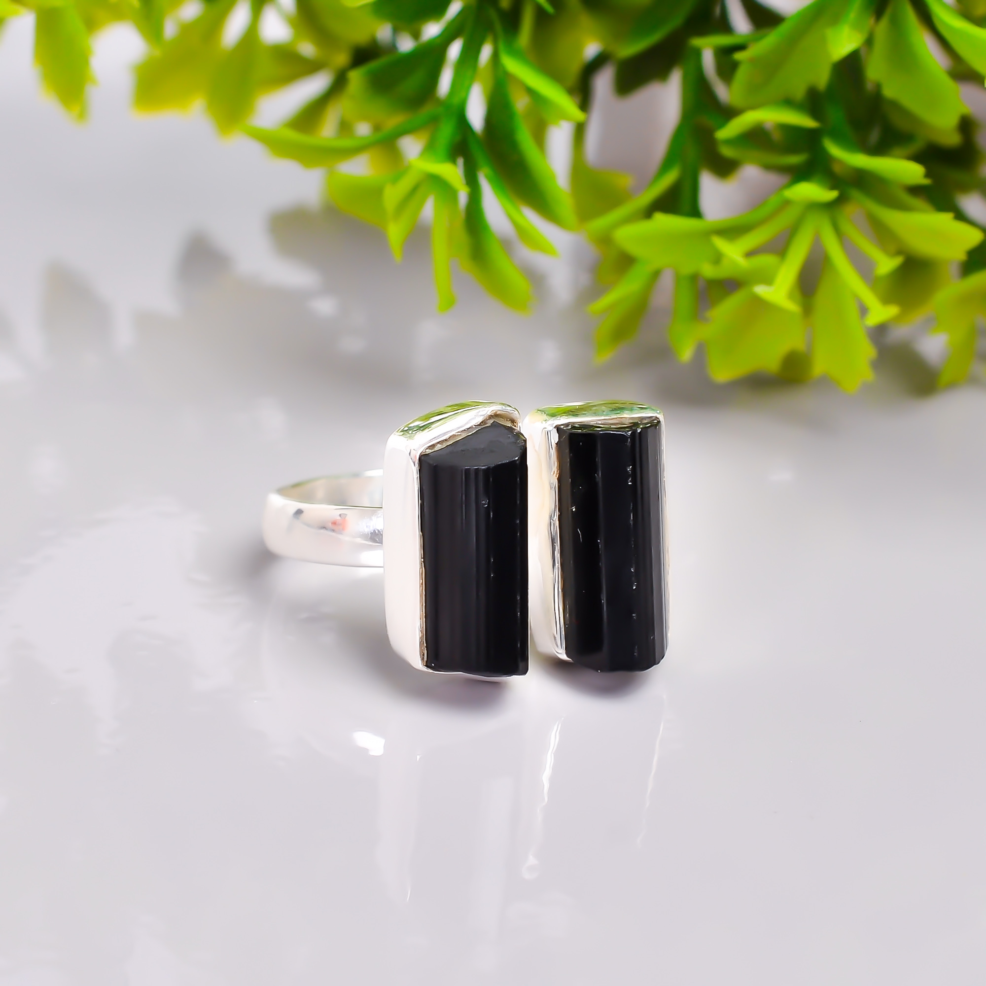Black Tourmaline Raw Gemstone 925 Sterling Silver Adjustable Ring