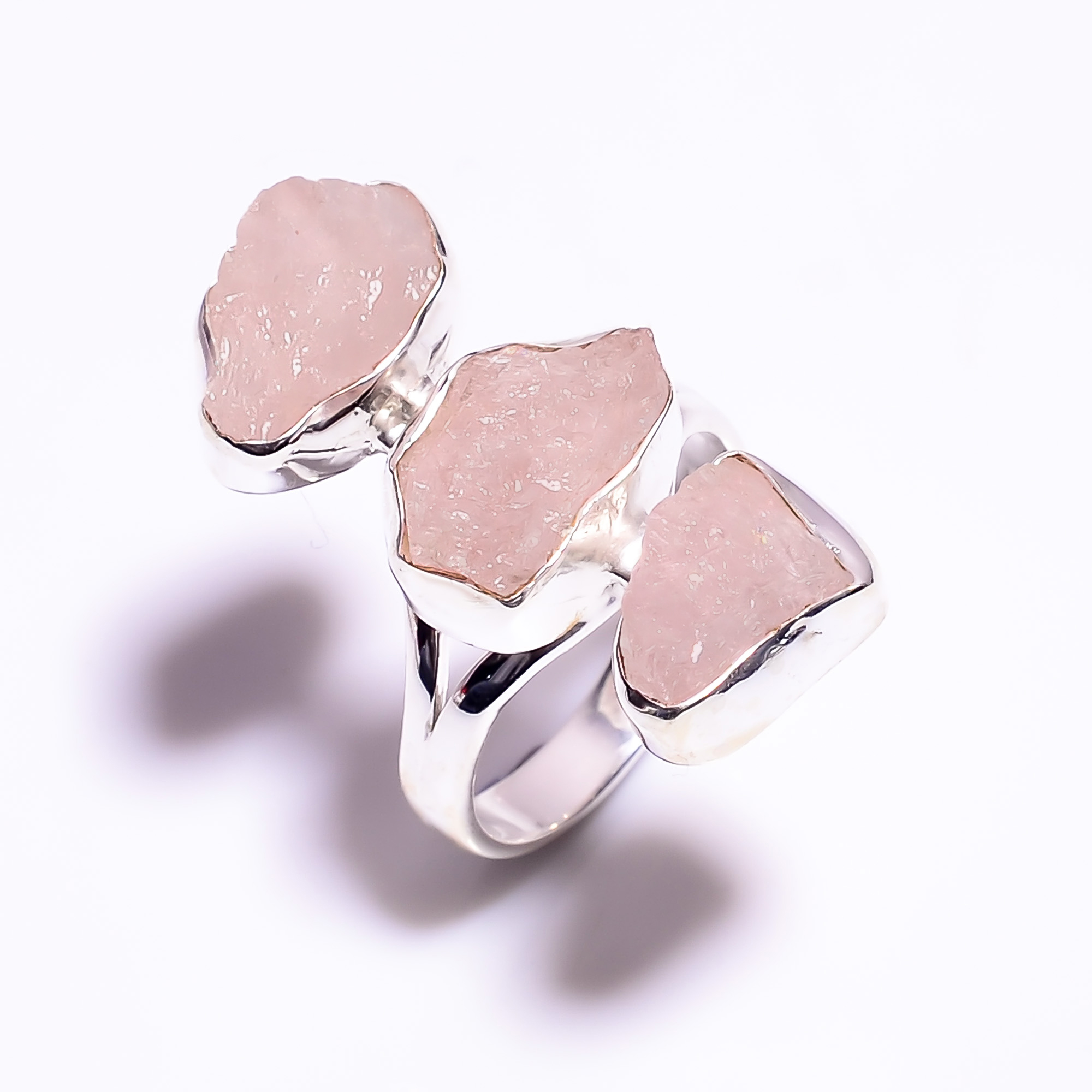 Natural Rose Quartz Raw Gemstone 925 Sterling Silver Ring Size US 6