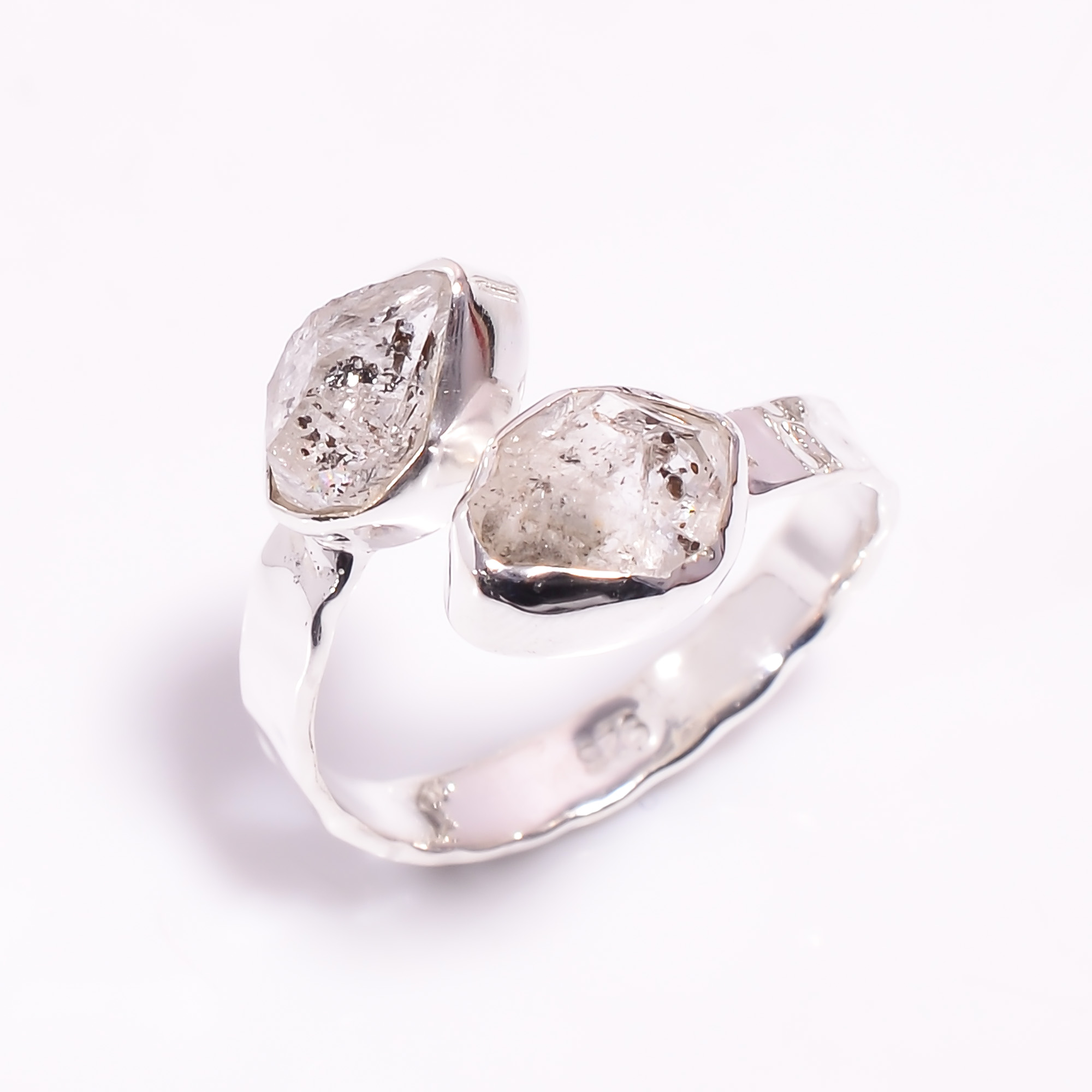 Natural Herkimer Diamond 925 Sterling Silver Hammered Ring Adjustable