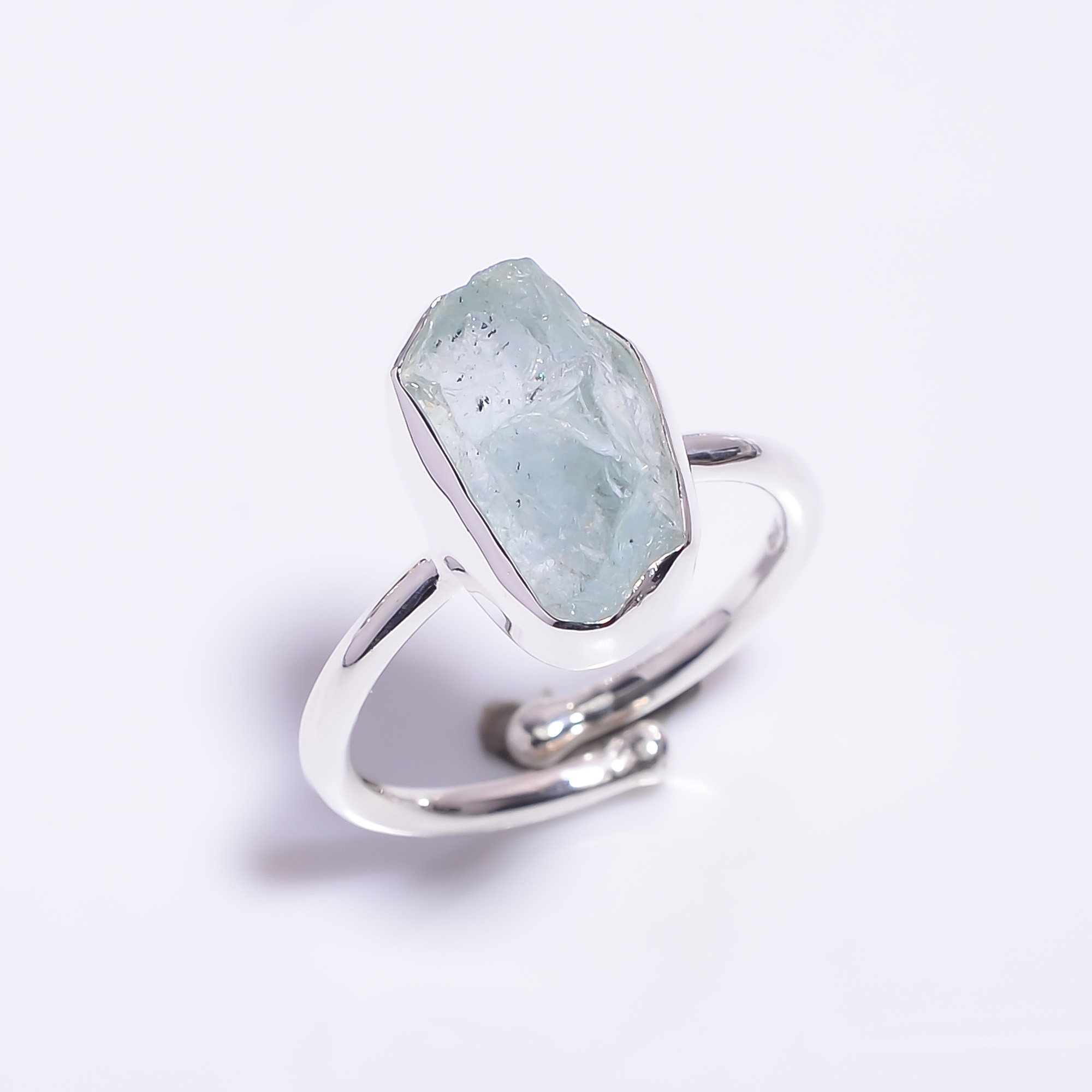 Natural Aquamarine Raw Gemstone 925 Sterling Silver Ring Size US 8 Adjustable