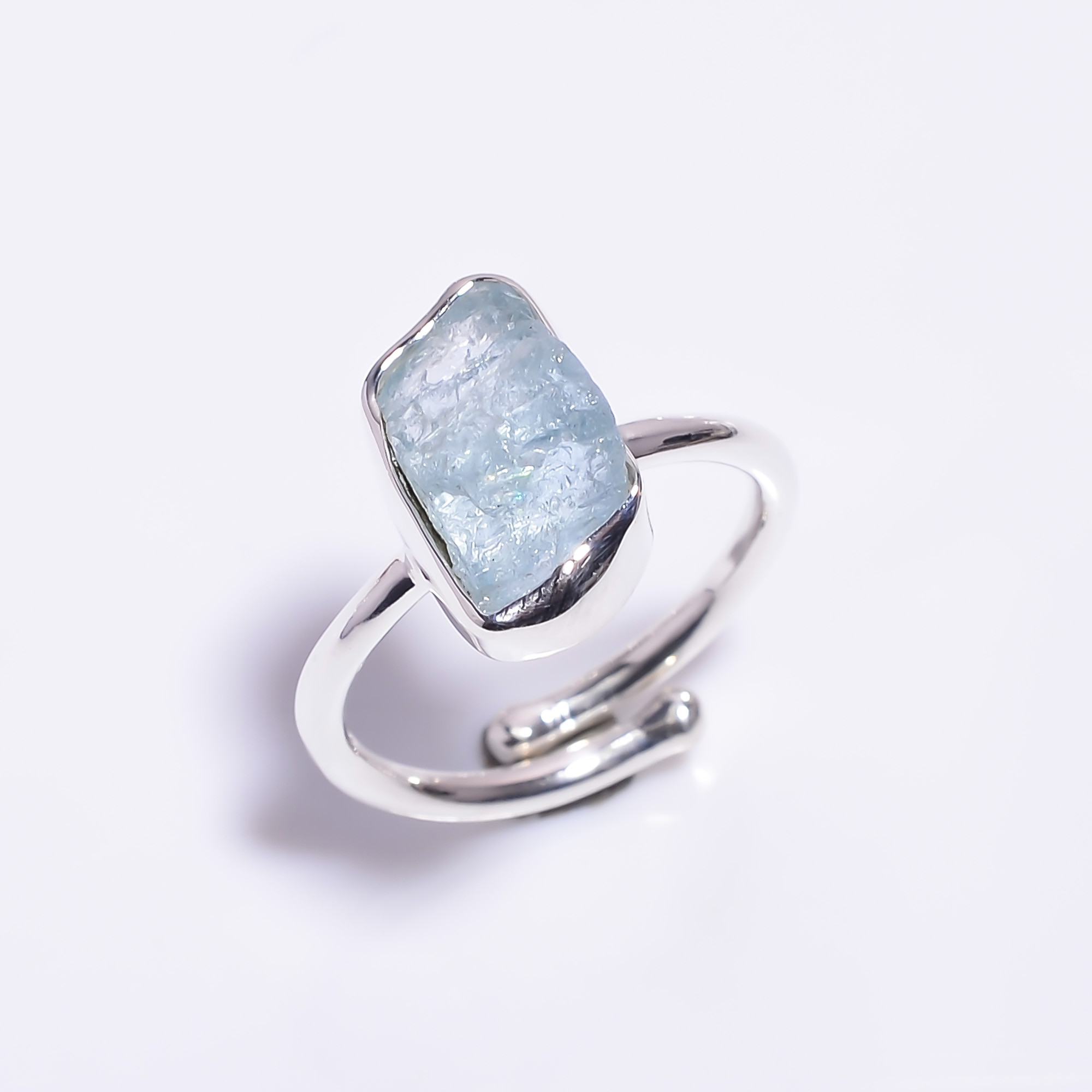 Natural Aquamarine Raw Gemstone 925 Sterling Silver Ring Size US 8 Adjustable