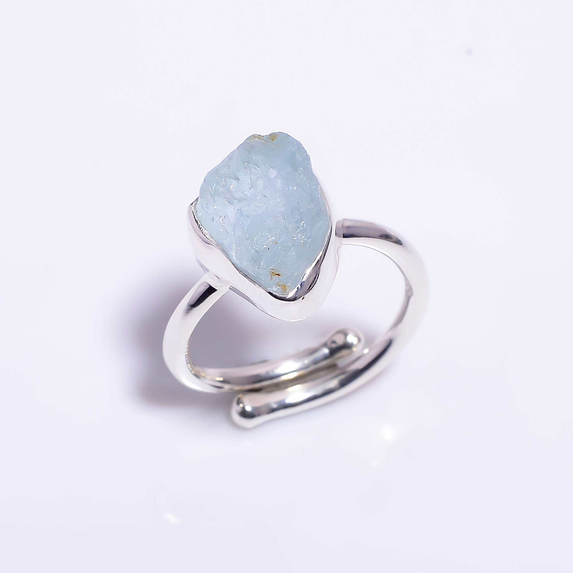 Natural Aquamarine Raw Gemstone 925 Sterling Silver Ring Size US 8 Adjustable