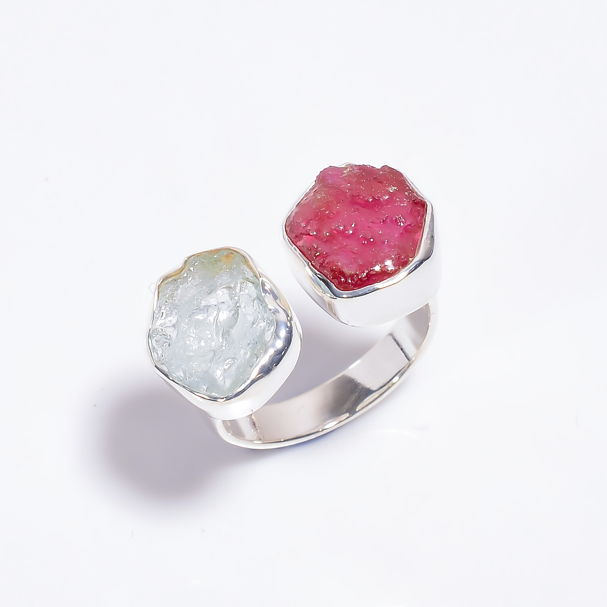 Raw Aquamarine Ruby Gemstone 925 Sterling Silver Adjustable Ring